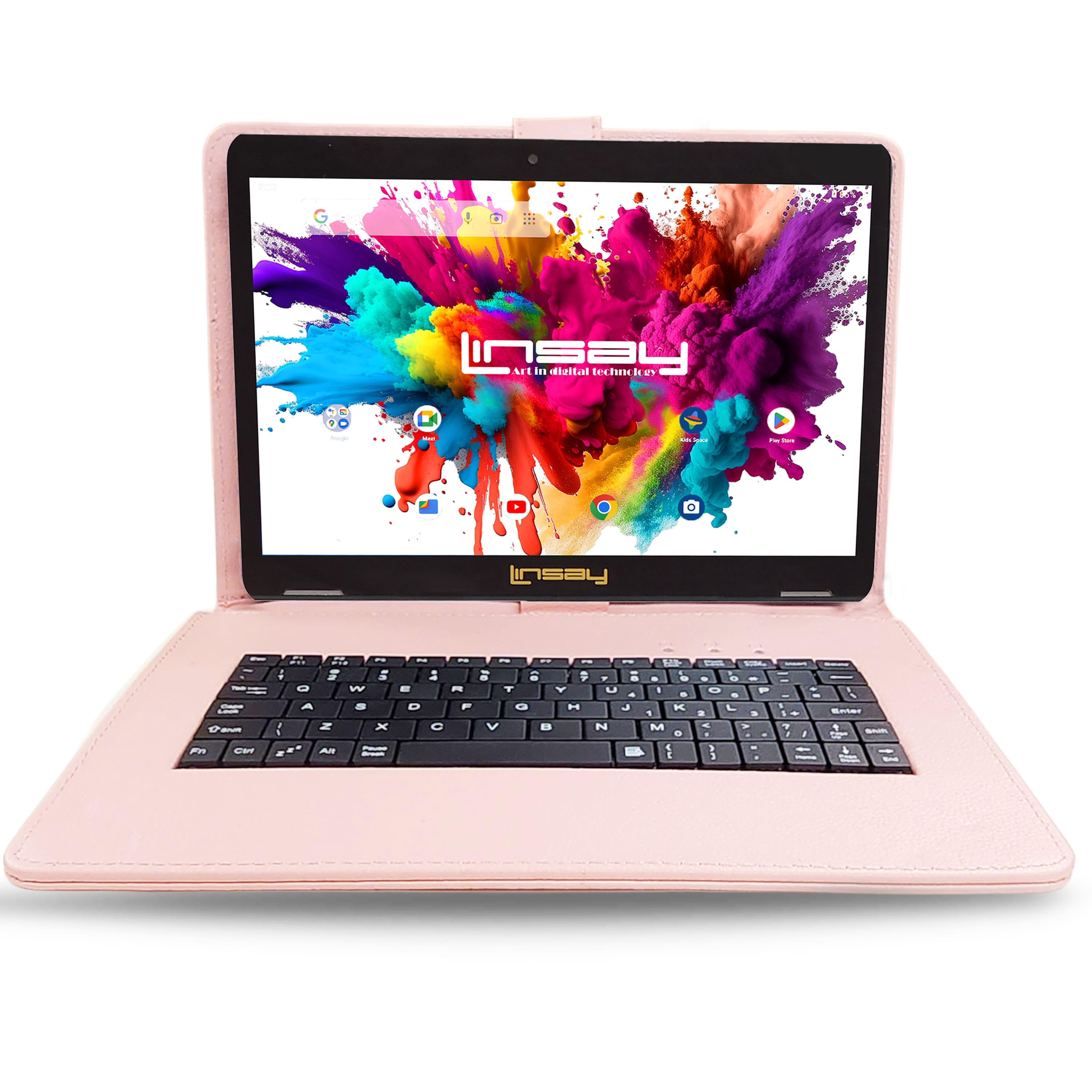 LINSAY - 10.1"Octa Core 128GB Storage Android 15 Tablet with Style Keyboard - Pink