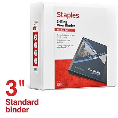 Staples  
3-Ring View Binder  
Standard Duty  

The perfect binder for your everyday needs  
2 tabs for easy open and close  
D-Ring keeps pages flat and fits more  

3" Standard binder  

QUARTERLY REPORT