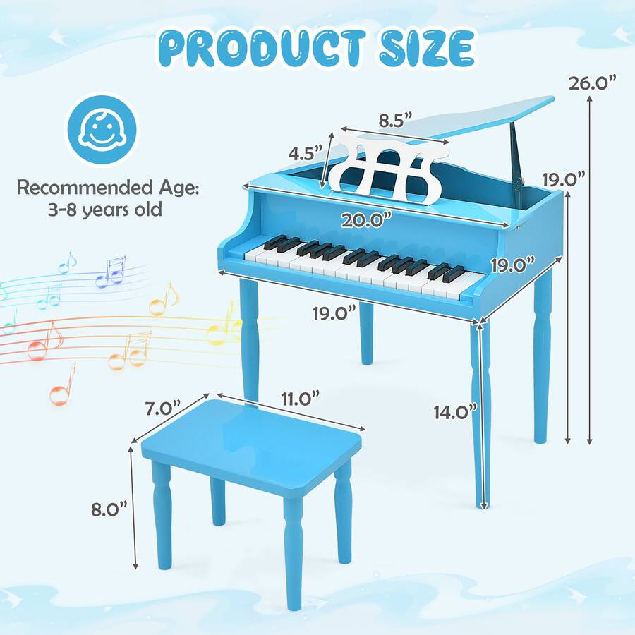 Gymax 30 Key Classic Baby Grand Piano Toddler Toy Wood w/ Bench & Music ...