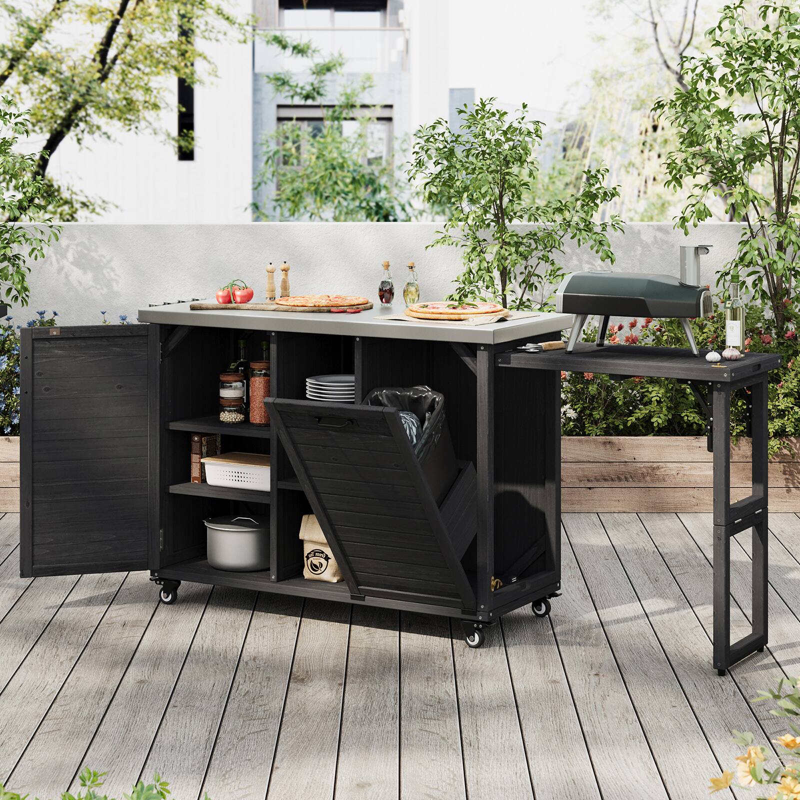 Alt View 9. Chateau Abodes - 78.3" Outdoor Kitchen Island with Foldable Grill Table, Wooden Cart with Stainless Steel Top & Trash Storage - Black.