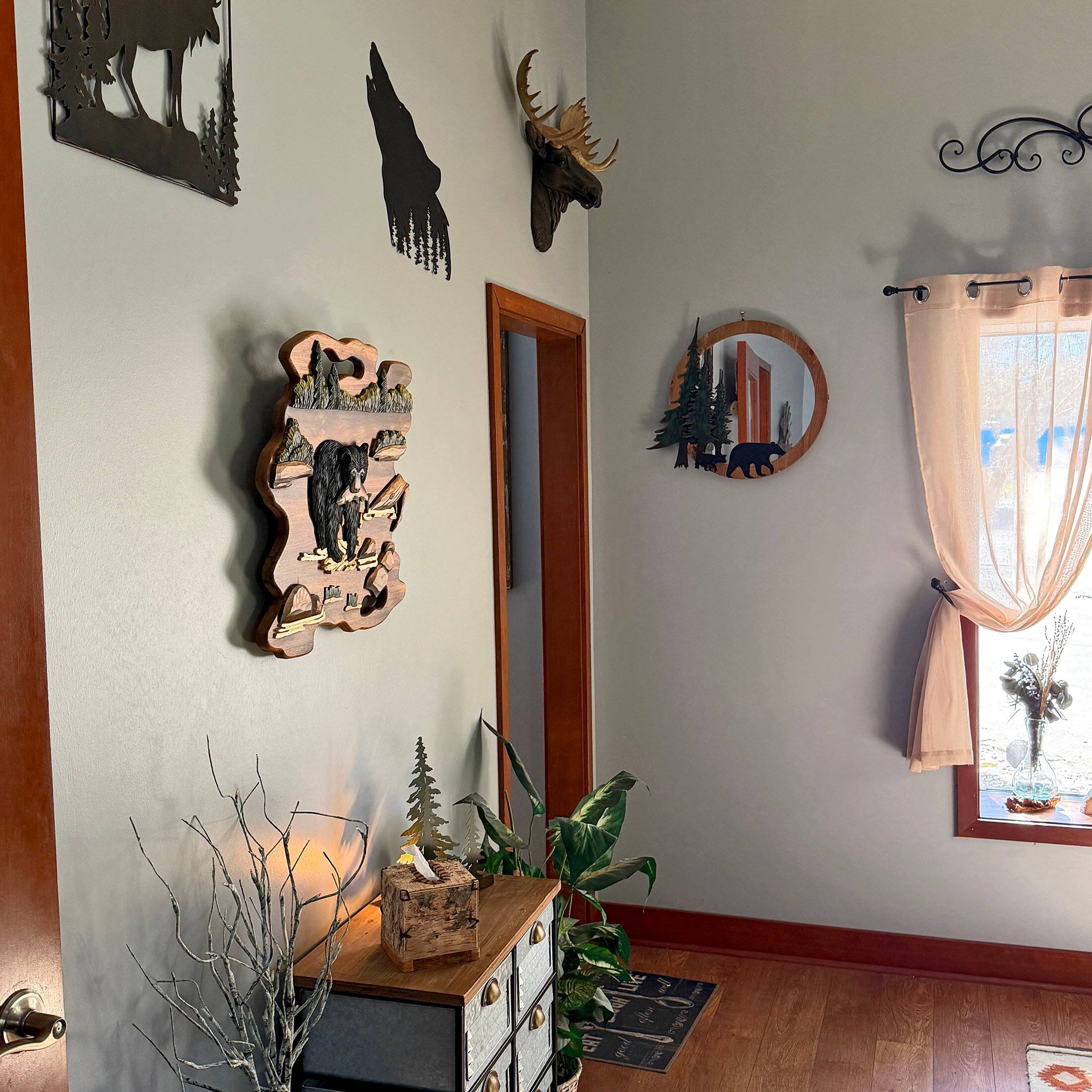 Alt View 5. Zeckos - Bear Fishing Wood Wall Sculpture 23.5in Rustic Intarsia Cabin Lodge Decor - Brown.