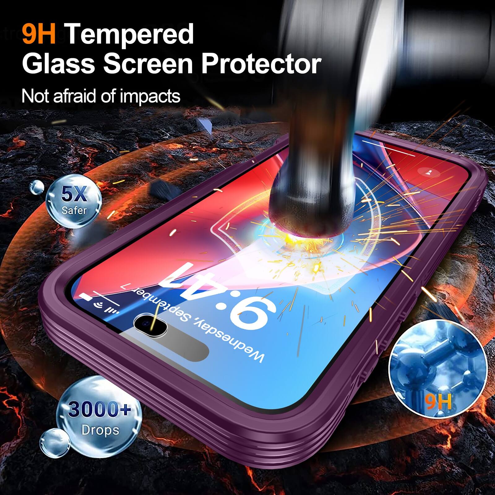9H Tempered Glass Screen Protector  
Not afraid of impacts  
5X Safer  
3000+ Drops  
9H