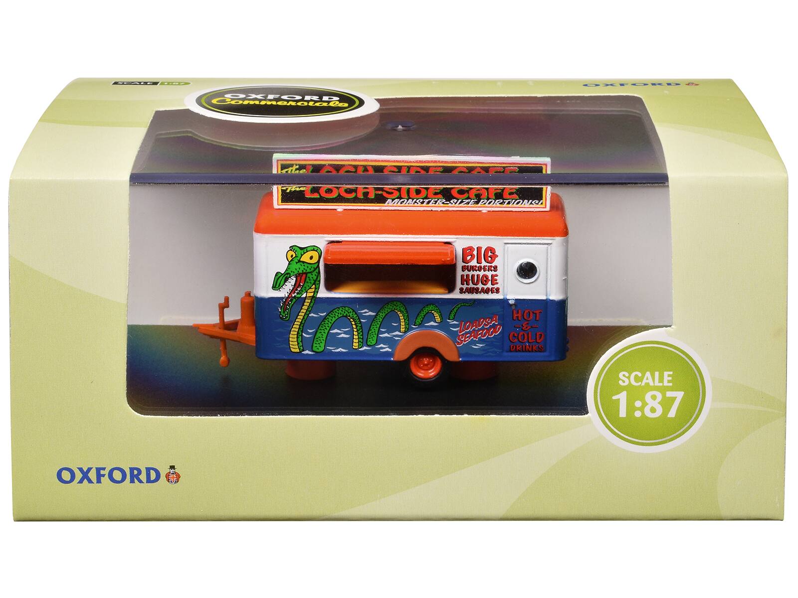 Sure, here is the corrected and grouped text from the image:

---

**OXFORD**

**The LOCH-SIDE CAFE**

**MONSTER-SIZE PORTIONS**

**BIG FURGERS HUGE SAUSAGES**

**HOT SEAFOOD LOADS OF COLD DRINKS**

**SCALE 1:87**

**OXFORD**

---

This text is taken from the packaging and the model itself.