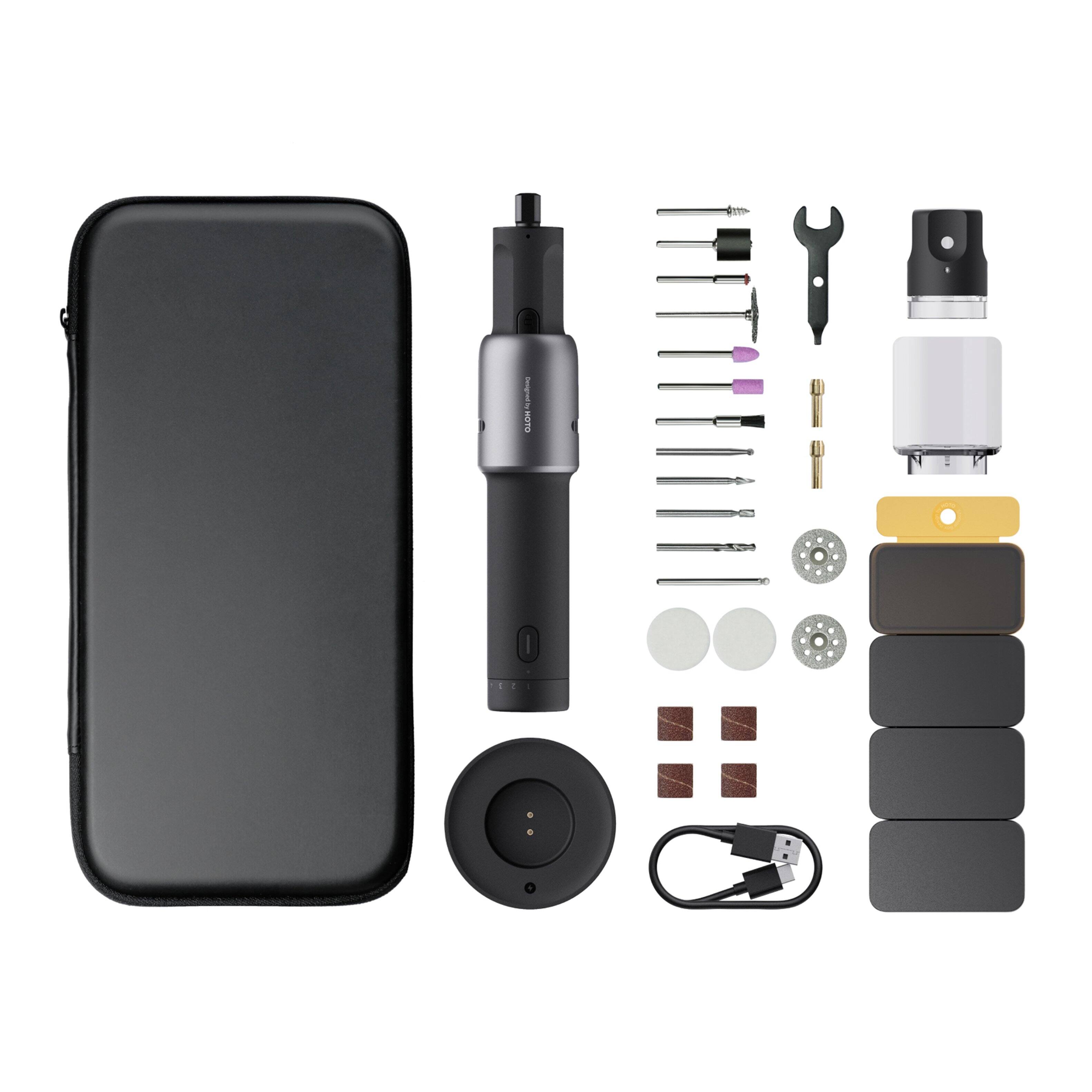 Front. HOTO - 35-in-1 Rotary Tool Kit, Cordless Mini Rotary Tool, 5 Speed 25000RPM, LED, USB-C Charging Base, Nail Grinder, Shield - Black.