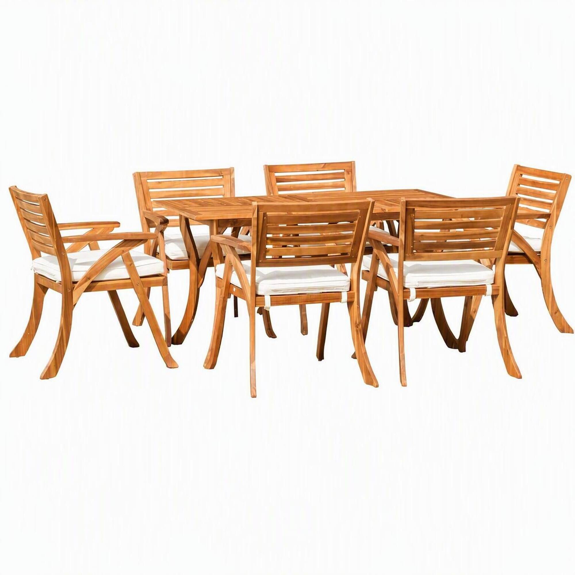 Front. RYHNUYNE - 7‑Piece Outdoor Teak Finish Wood Dining Set,Patio Furniture Dining Set with Rectangular Table & 6 Arm Chairs - Cream,Teak.