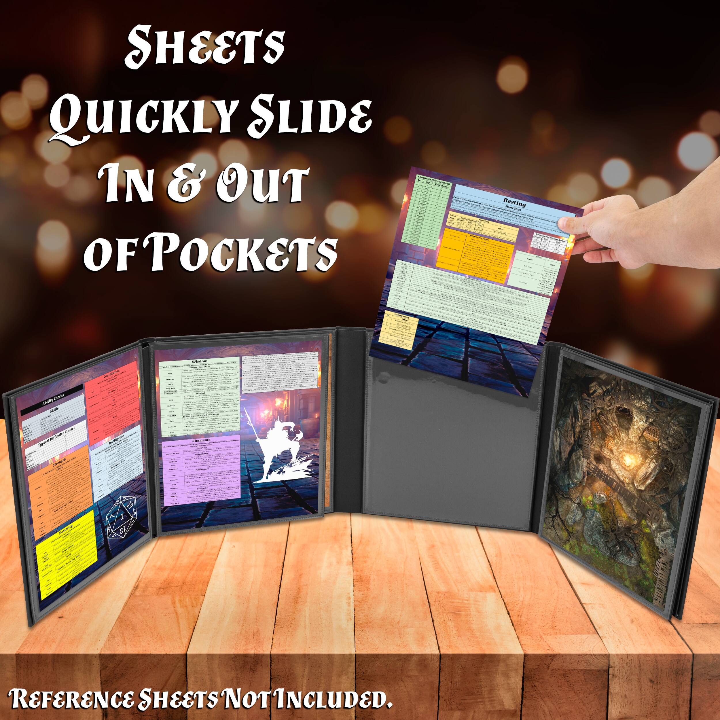 Sheets quickly slide in & out of pockets.

Reference sheets not included.