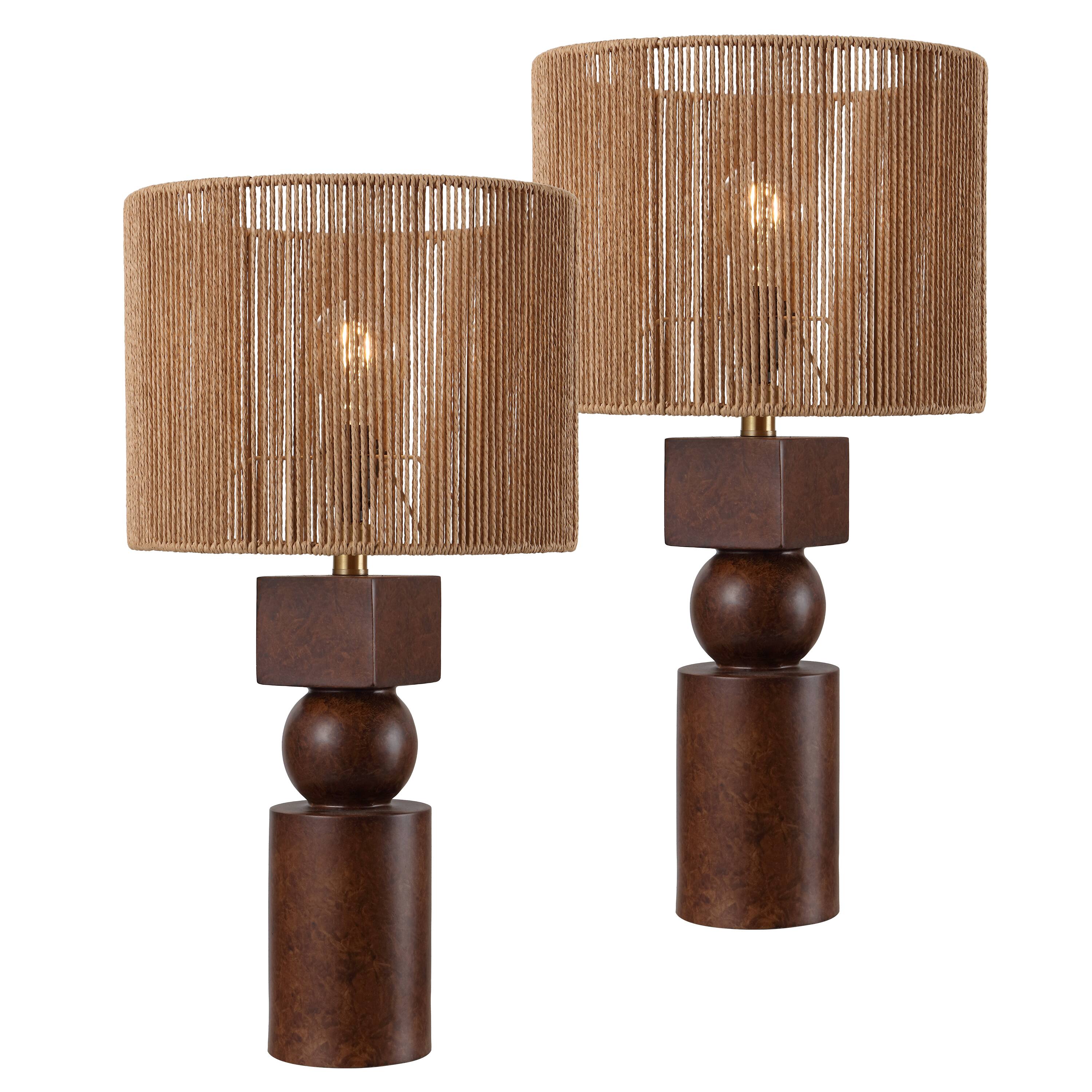 Front. Jonathan Y - Lilian 24.5 in. Bohemian Casual Totem Resin with Hand-Woven Paper Rope Drum Shade LED Table Lamp, Dark Brown (Set of 2) - Dark Brown.