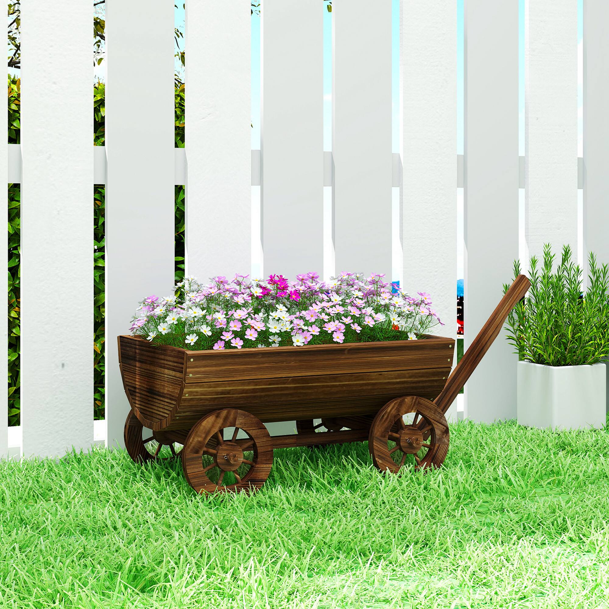 Alt View 1. Outsunny - Wooden Wagon Planter Box, Mobile Garden Planter with 4 Wheels and Handle.