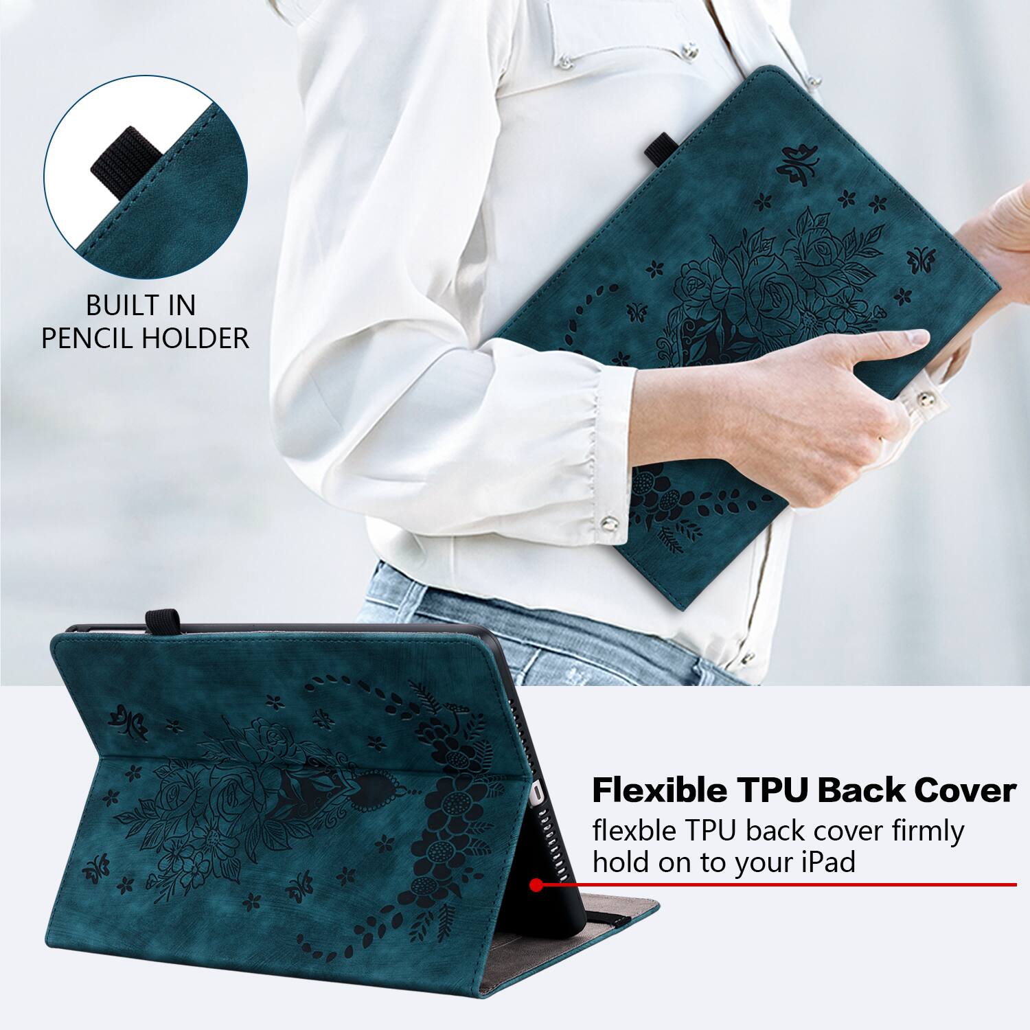 BUILT IN PENCIL HOLDER

Flexible TPU Back Cover
flexible TPU back cover firmly hold on to your iPad