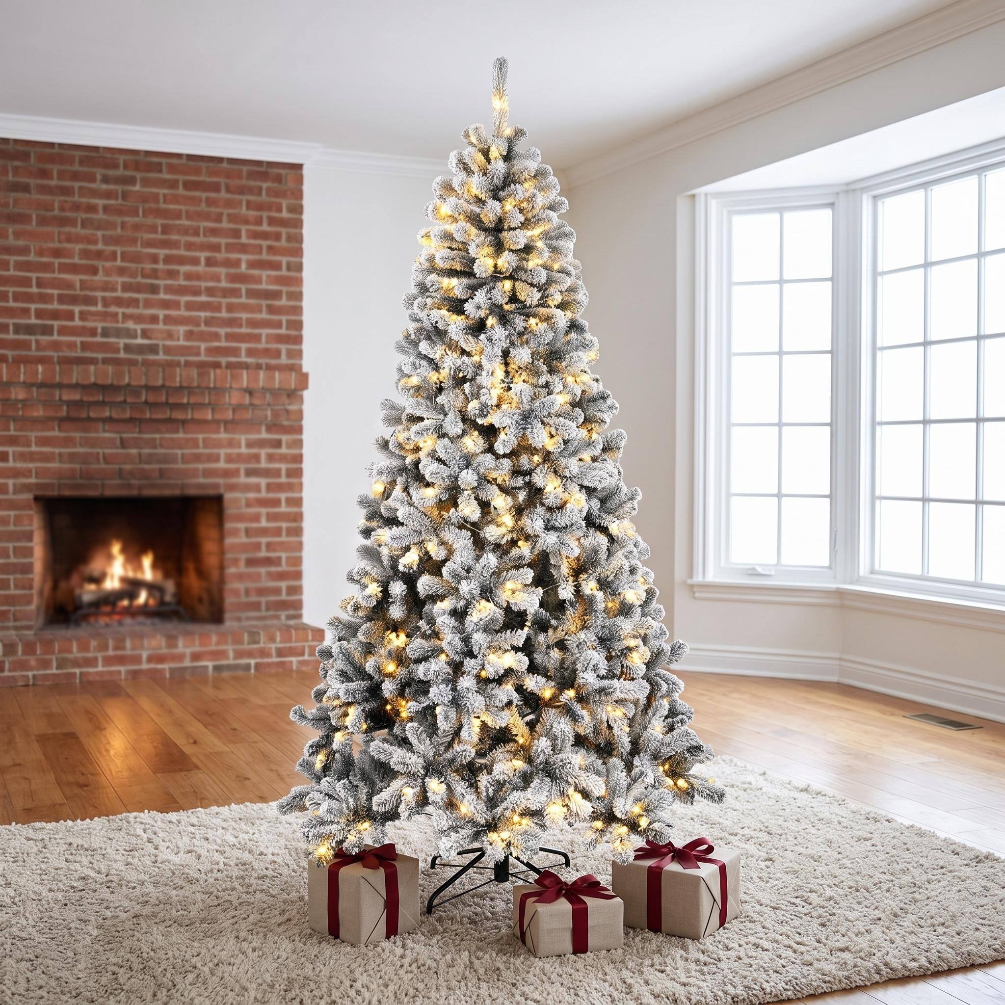 Angle. Forest'nSky - 7.5 ft Pre-Lit Flocked Northern Pine Artificial Christmas Tree with 350 Warm White LED Lights - Green, White.