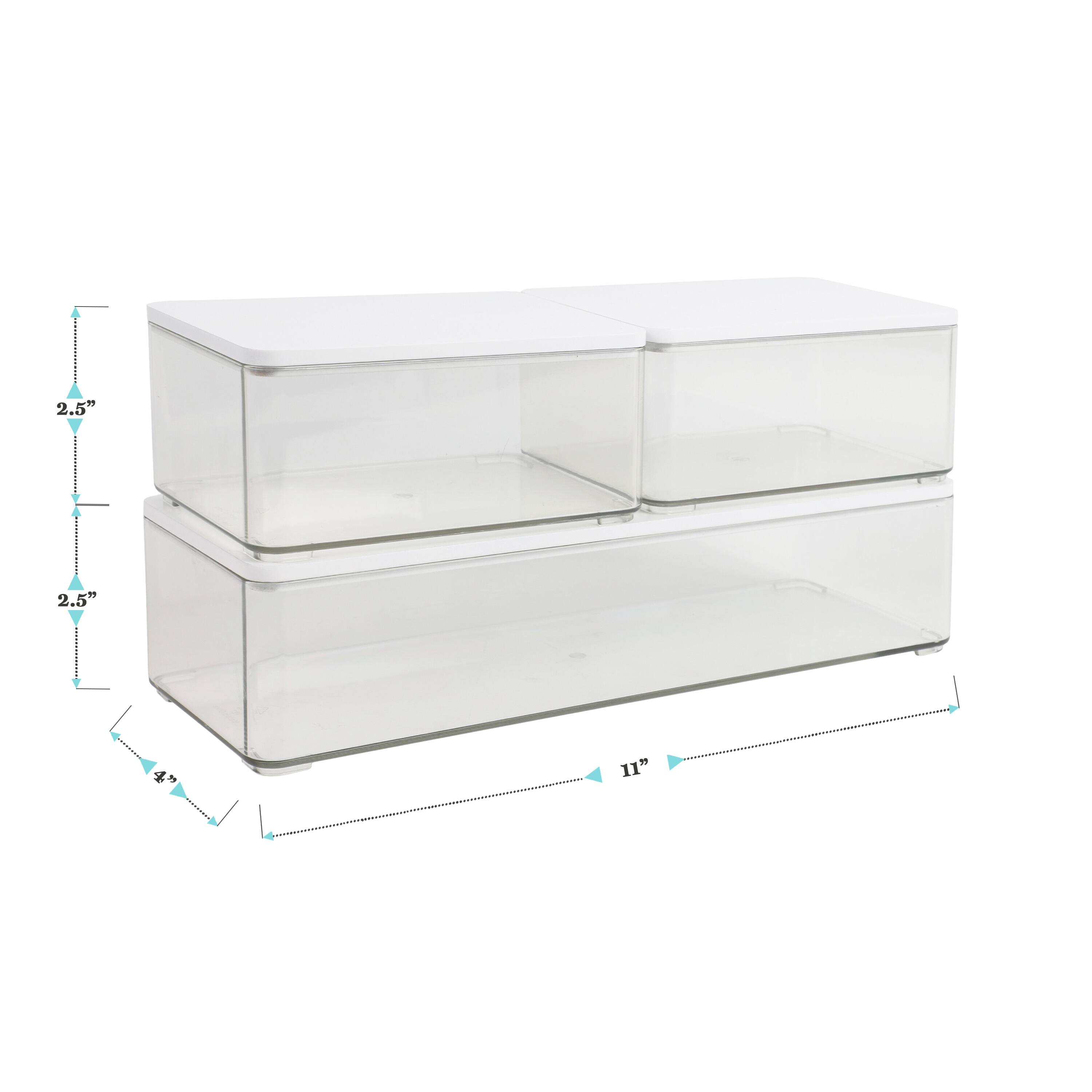 The text on the image reads: "2.5" 2.5" 11". This indicates that the glass display case has a height of 2.5 inches and a width of 2.5 inches, and the shelf inside the case is 11 inches long.