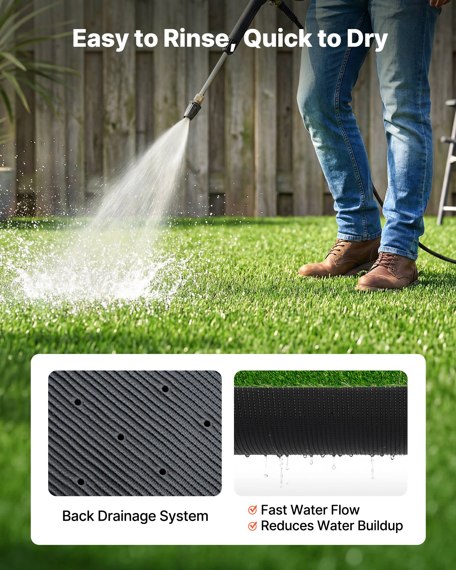 Easy to Rinse, Quick to Dry

Back Drainage System

- Fast Water Flow
- Reduces Water Buildup