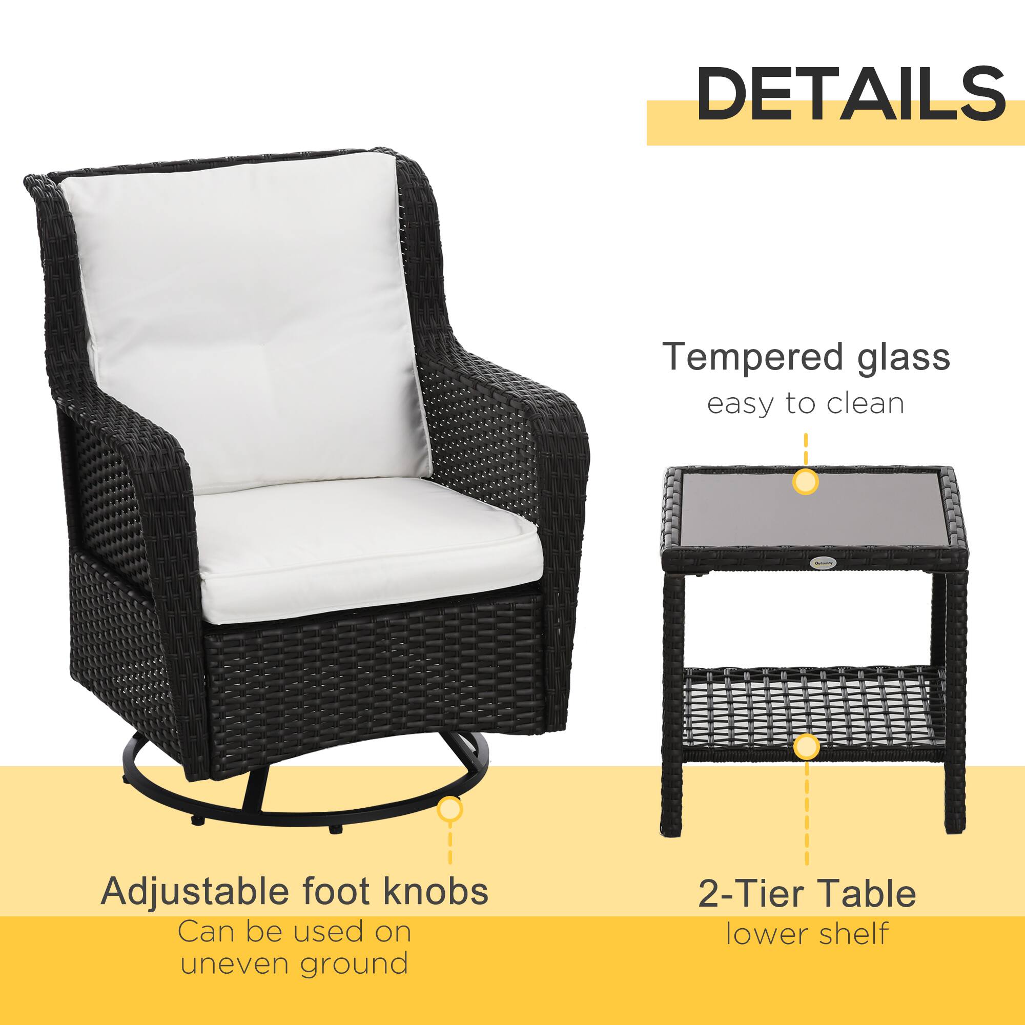 DETAILS

Tempered glass easy to clean

Adjustable foot knobs Can be used on uneven ground

2-Tier Table lower shelf