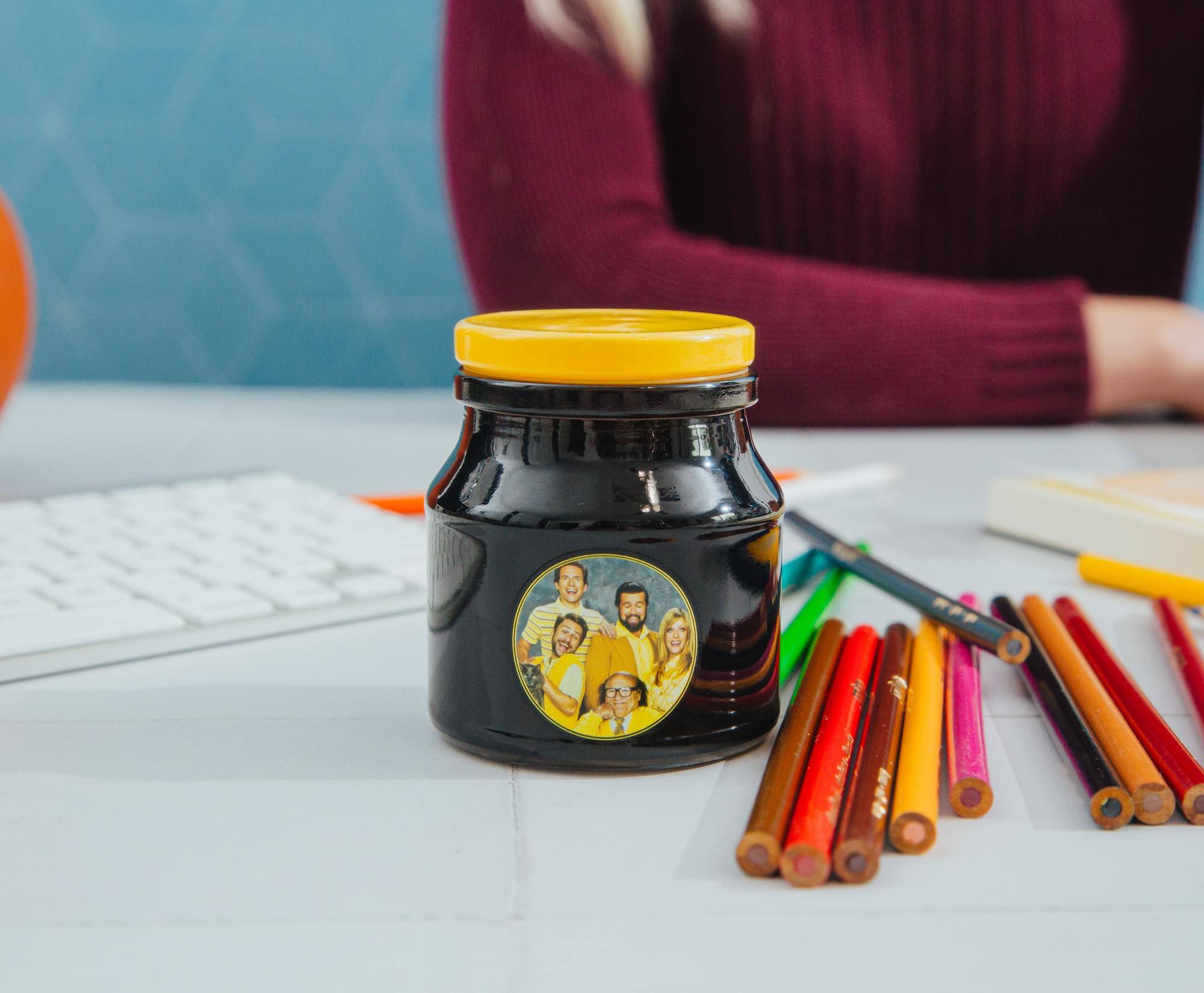 Alt View 2. Silver Buffalo - It's Always Sunny In Philadelphia Family Portrait Glass Storage Jar With Lid - White.