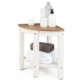 Gymax - 2-Tier Corner Shower Bench Stool Waterproof Bathroom Stool Heavy Duty w/ Shelf Brown - Creamy White + Brown