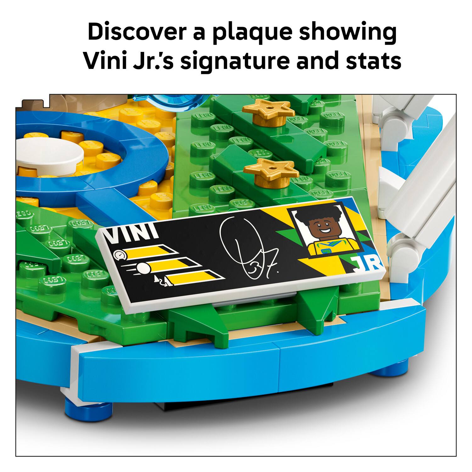 Discover a plaque showing Vini Jr.'s signature and stats