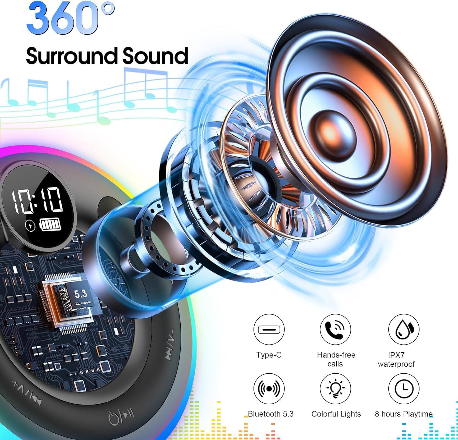 360° Surround Sound

- 10:10
- 5.3 Bluetooth
- Type-C
- Hands-free calls
- IPX7 waterproof
- Bluetooth 5.3
- Colorful Lights
- 8 hours Playtime