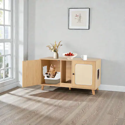 Front. BreeBe - Double-Room Cat Litter Furniture with Two Sisal Mats, 43-Inch Design - Natural.