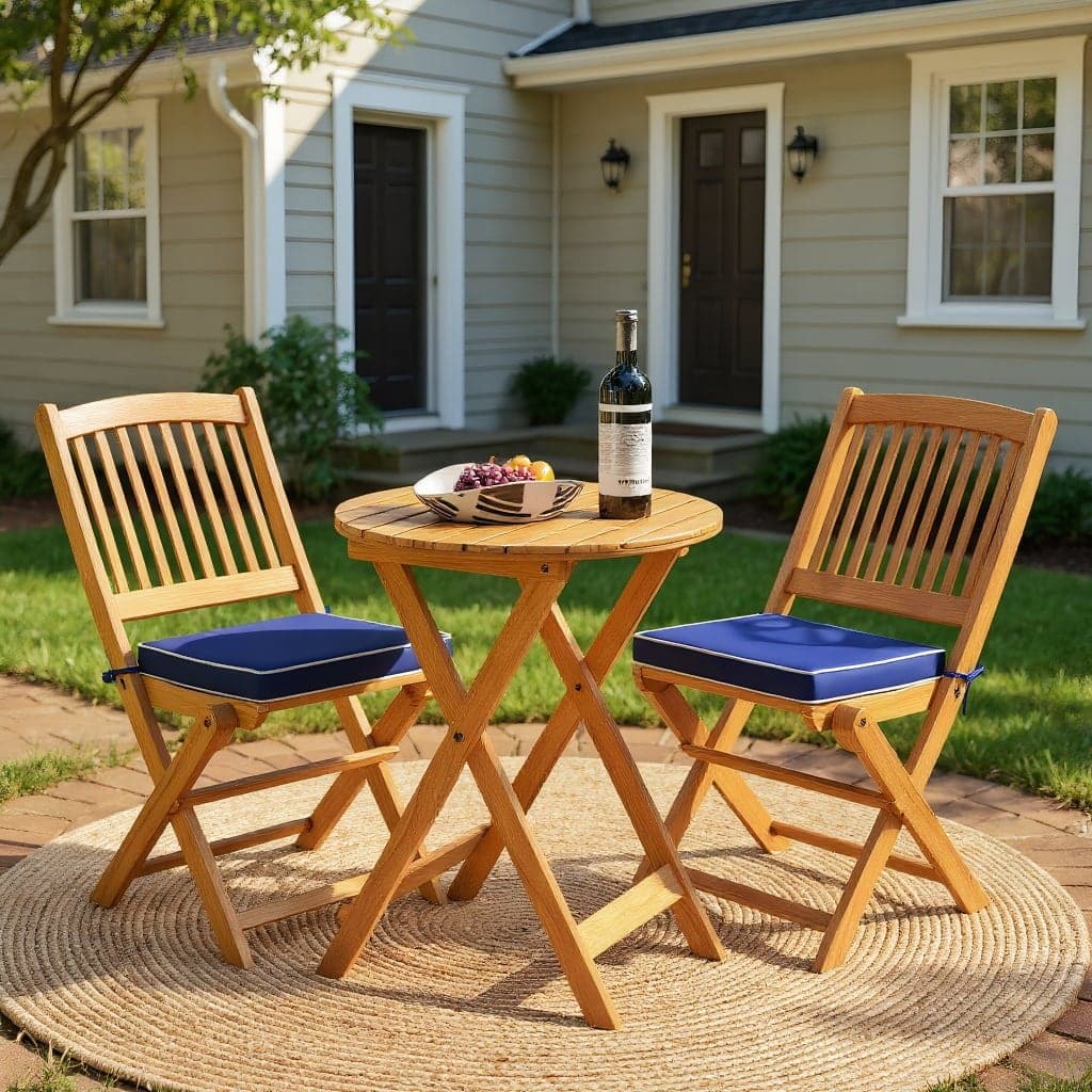 Kadyn - Patio Furniture Sets,Outdoor & Patio Furniture Sets,3 Pcs Acacia Wood Patio Folding Bistro Set with Soft Cushions-Navy - Blue