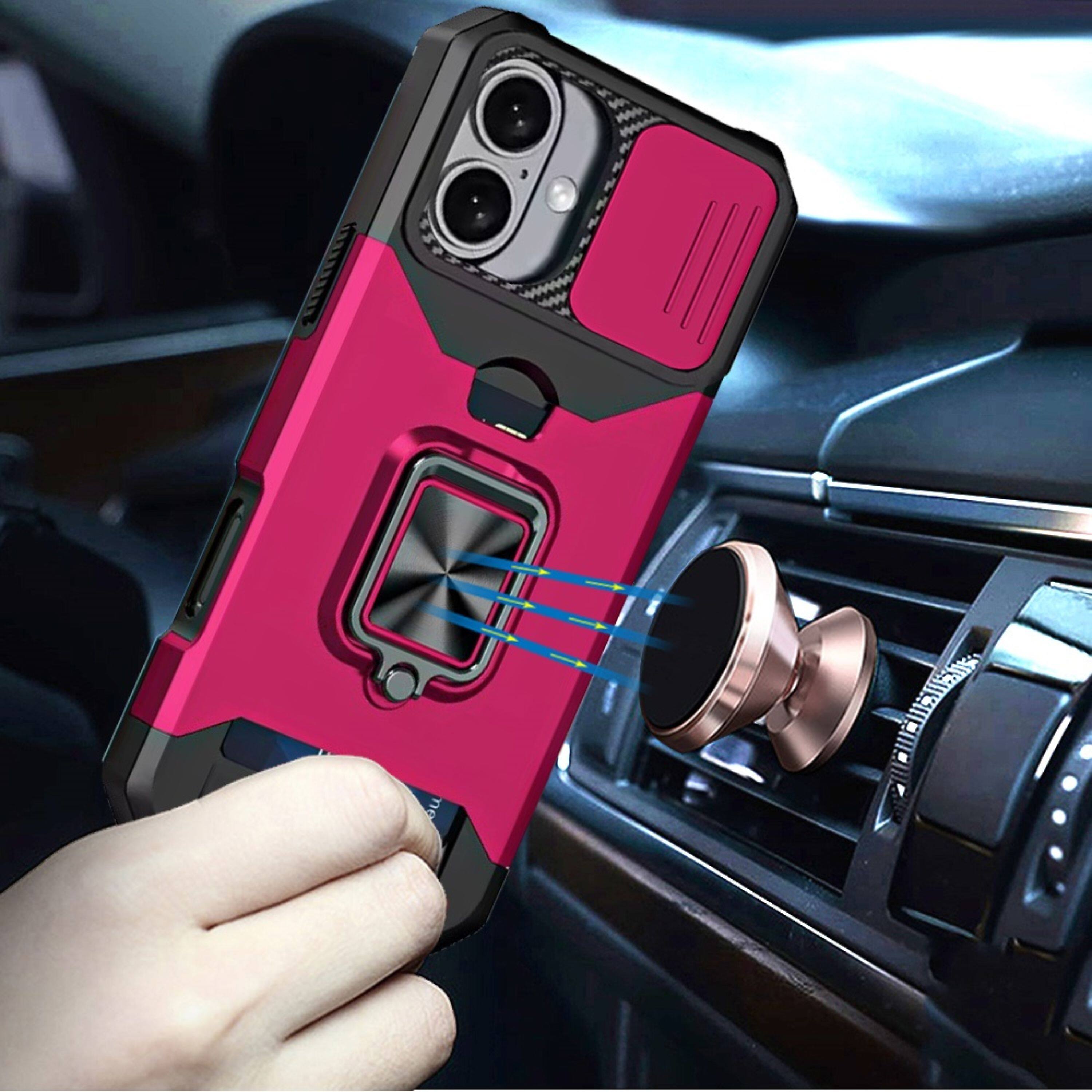 Left. Kitcheniva - Multi-Use Card Holder Stand Phone Case With Lens Cover Tempered Glass For iPhone 17 Hot Pink - Hot Pink.