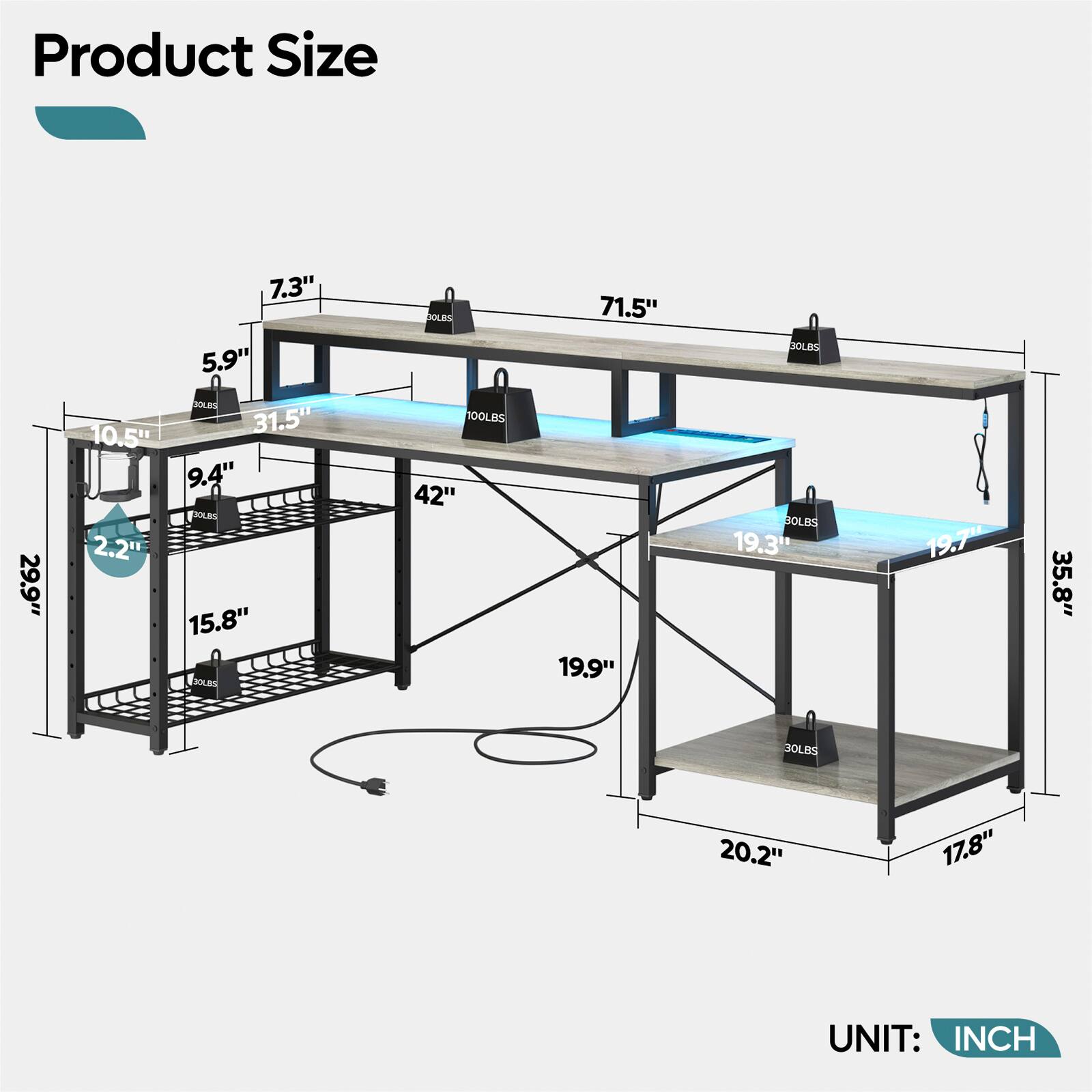 Product Size: 29.9" 7.3" 5.9" POLIN 31.5" 10.5" 9.4" OLBS 2.2" 15.8" hoLs OLBXE 00LBS 42" 71.5" 19.9" JOLESS SOLBS 19.3" 19.7" 35.8" JOLOS 20.2" 17.8" UNIT: INCH