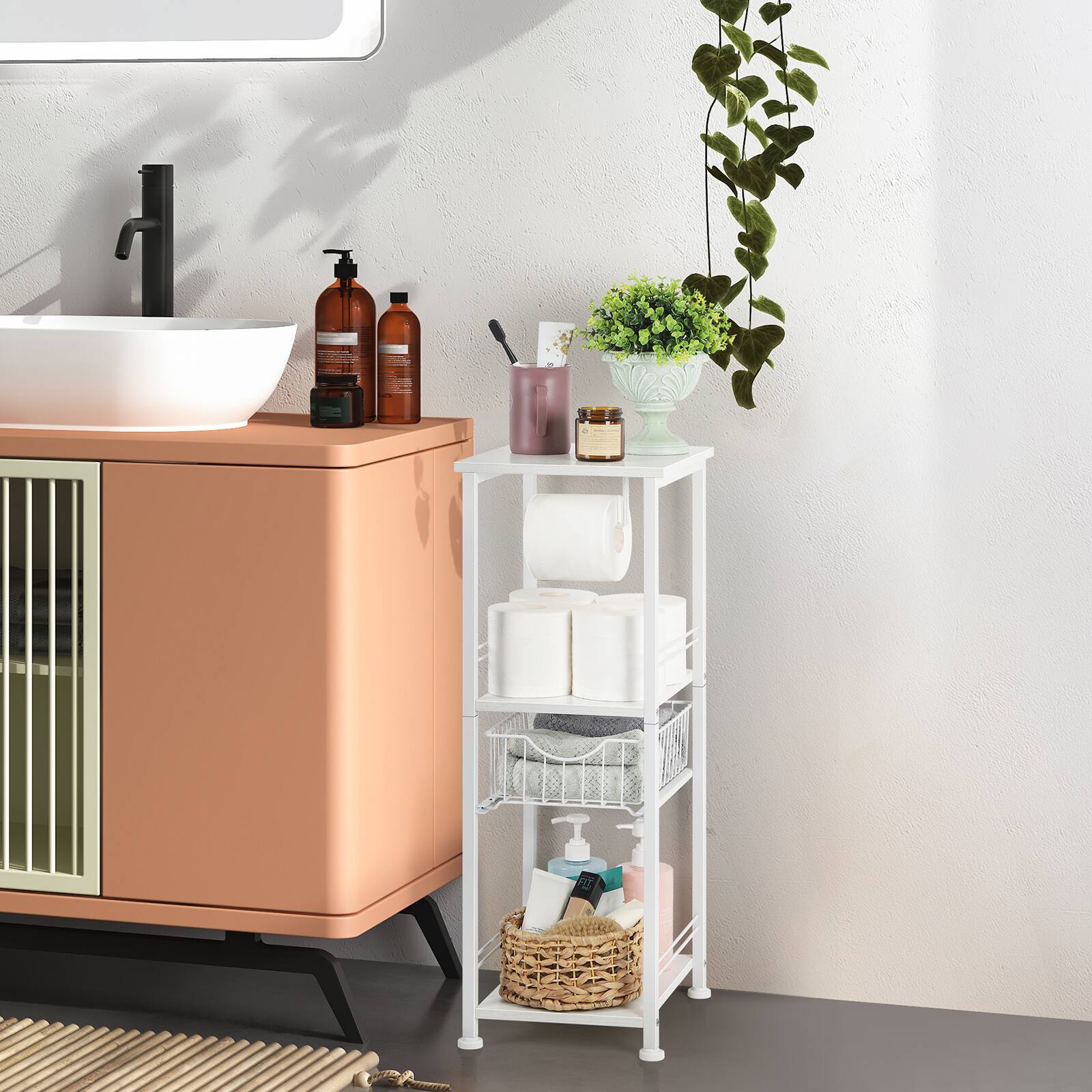 Alt View 4. Oumilen - Bathroom Storage Rack with Basket and Toilet Paper Holder, White - White.