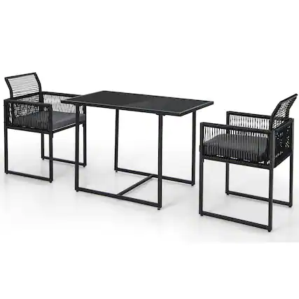Front. Gymax - Gymax Set of 3 PE Wicker Furniture Set Cushioned Chairs w/ Folding Backrest Patio Backyard - Black, Grey.