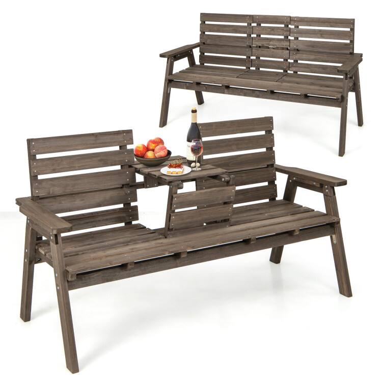 Alt View 1. SlickBlue - Fir Wood Outdoor Bench with Built In Foldable Middle Table for Patio - Coffee.