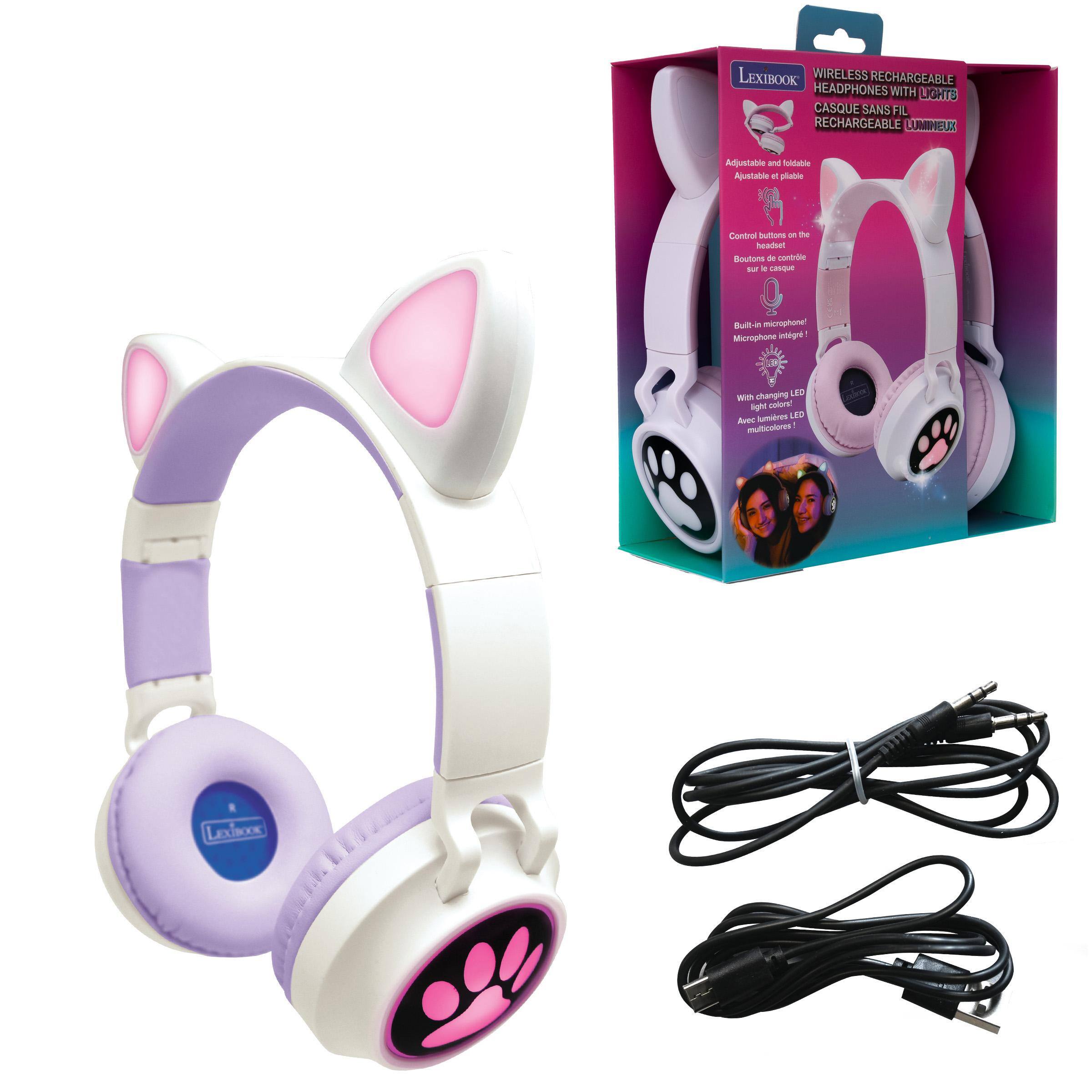 LEXIBOOK WIRELESS RECHARGEABLE HEADPHONES WITH LIGHTS  
CASQUE SANS FIL RECHARGEABLE LUMINEUX  

Adjustable and foldable  
Ajustable et pliable  

Control buttons on the headset  
Boutons de contrôle sur le casque  

Built-in microphone!  
Microphone intégré !  

Changing LED with light colors!  
Lumières LED avec multicolores!  

LEXHOOK