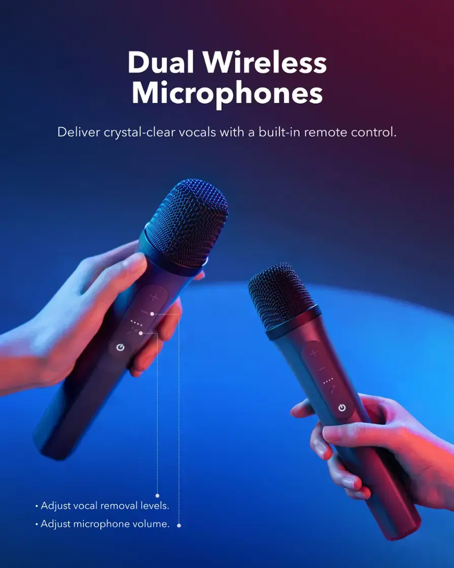 Dual Wireless Microphones: Deliver crystal-clear vocals with a built-in remote control. + | Adjust vocal removal levels. Adjust microphone volume.