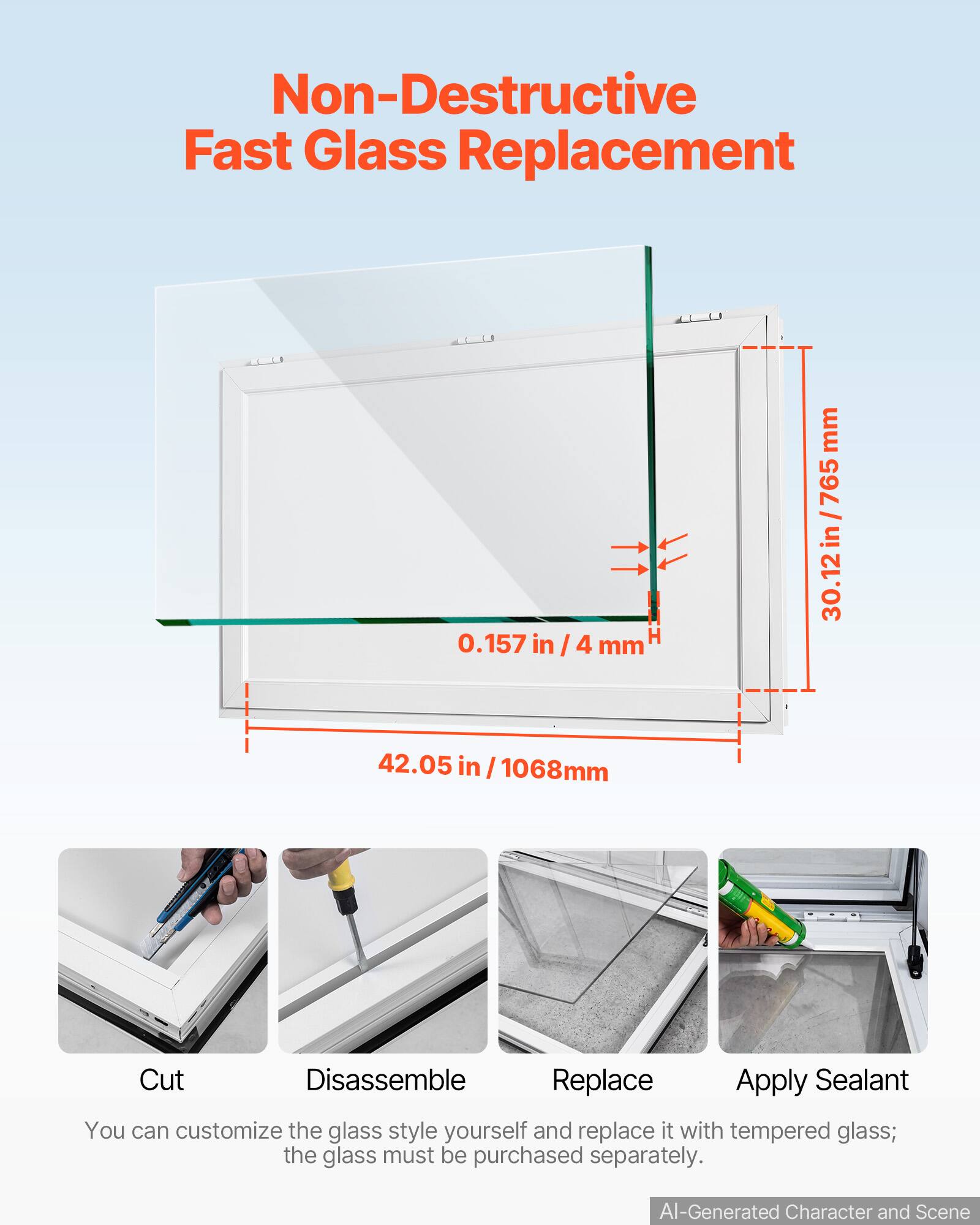 Non-Destructive Fast Glass Replacement

0.157 in / 4 mm
42.05 in / 1068 mm
30.12 in / 765 mm

Cut
Disassemble
Replace
Apply Sealant

You can customize the glass style yourself and replace it with tempered glass; the glass must be purchased separately.

AI-Generated Character and Scene