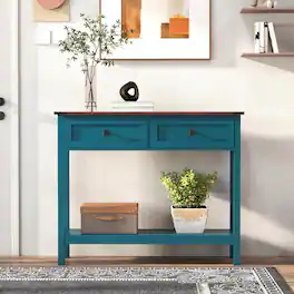 Kadyn - Farmhouse Style Console Table - 2 Drawers & Bottom Storage Shelf, Rustic Side Table for Entryway, Living Room, Hallway - Blue