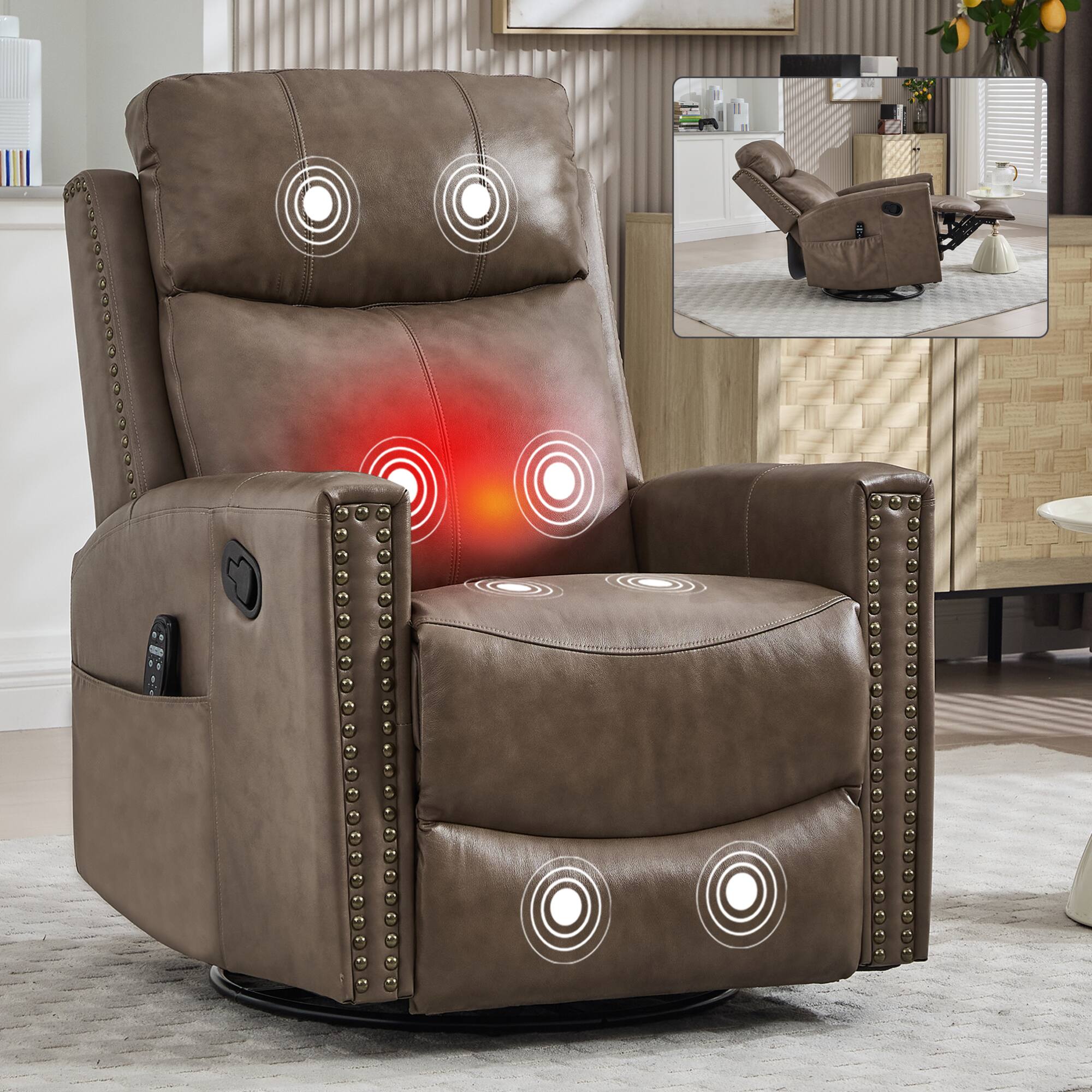 Alt View 8. GOODSILO - Premium Genuine Leather Massage Recliner Chair with Swivel and Rocking Function for Ultimate Comfort - Camel+Brown.