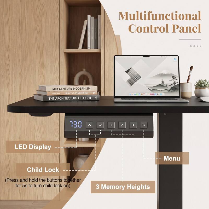 Multifunctional Control Panel  
MID-CENTURY MODERNISM  
MID-CENTURY MODERNISM  
THE ARCHITECTURE OF LIGHT  

LED Display  
Menu  
Child Lock (Press and hold the buttons together for 5s to turn child lock on)  
3 Memory Heights