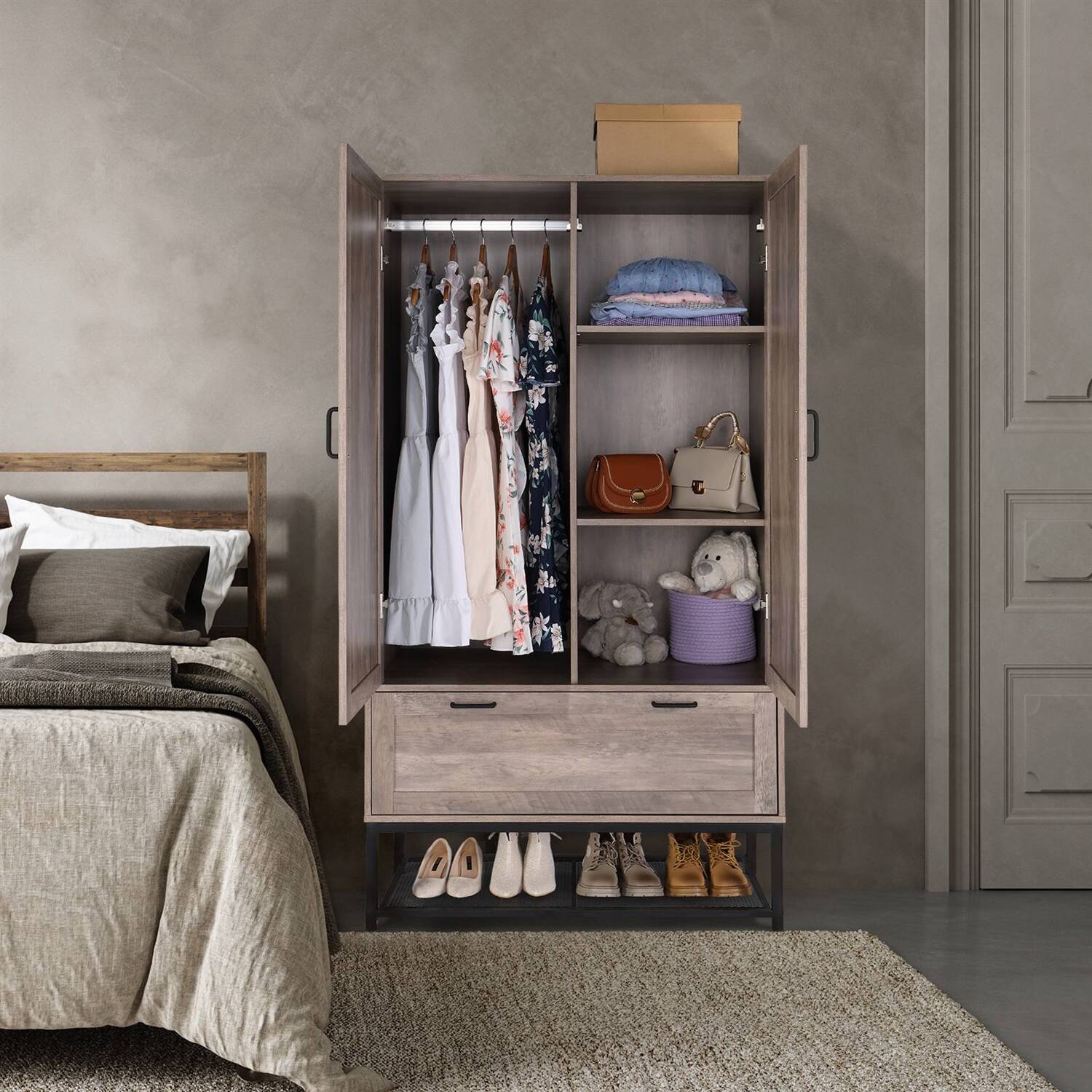 Left. Hivvago - Modern 2-Door Bedroom Wardrobe Cabinet Armoire Shoe Rack in Retro Grey Finish - Grey.
