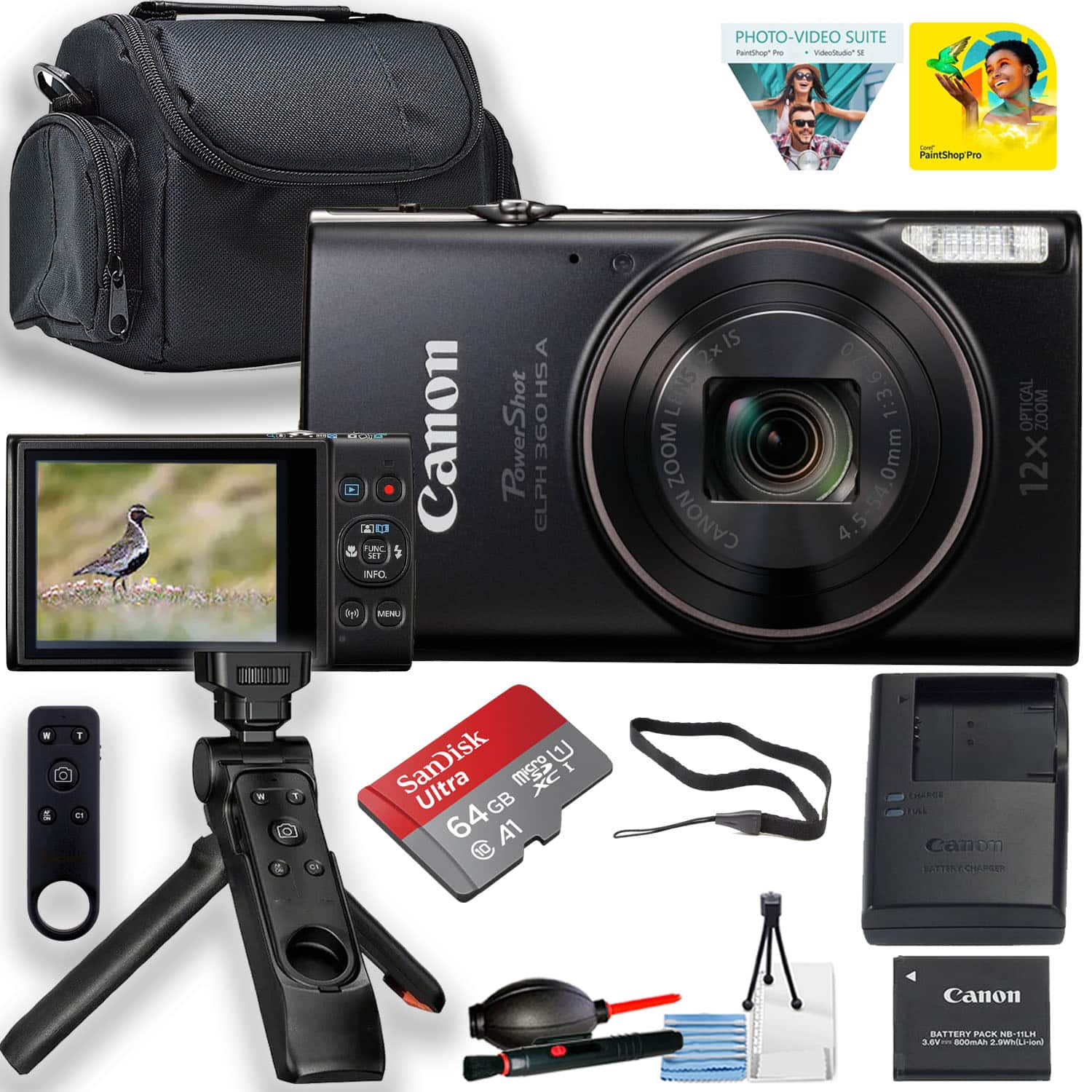 Bundle - Canon - PowerShot ELPH 360 HS Camera with 64GB Card, Wireless Grip, Case & Accessories - Black