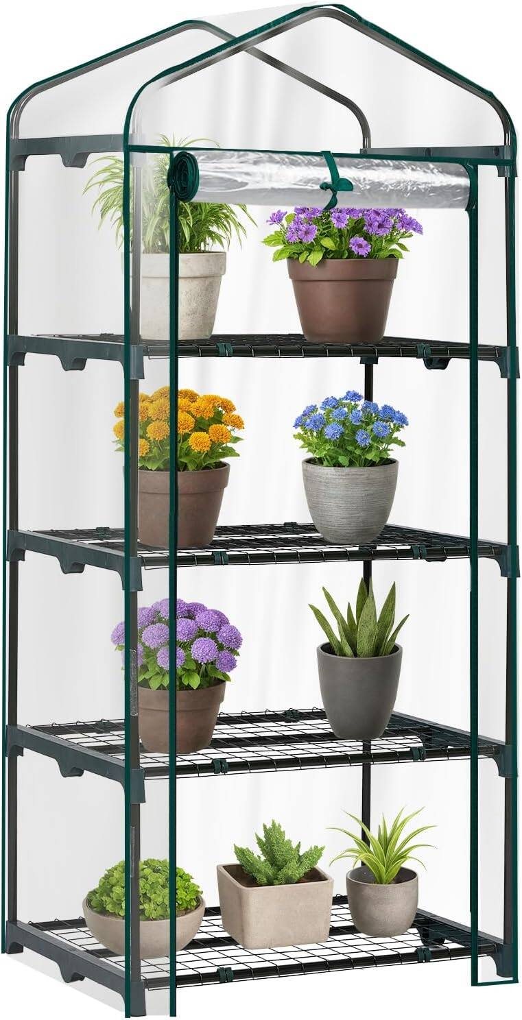Front. Winado - 27"x19.6"x63" Mini Greenhouse, Small PVC Plant Green House with 4 Tiers Rack, Shelf Clips, Roll-up Zipper Door - White.