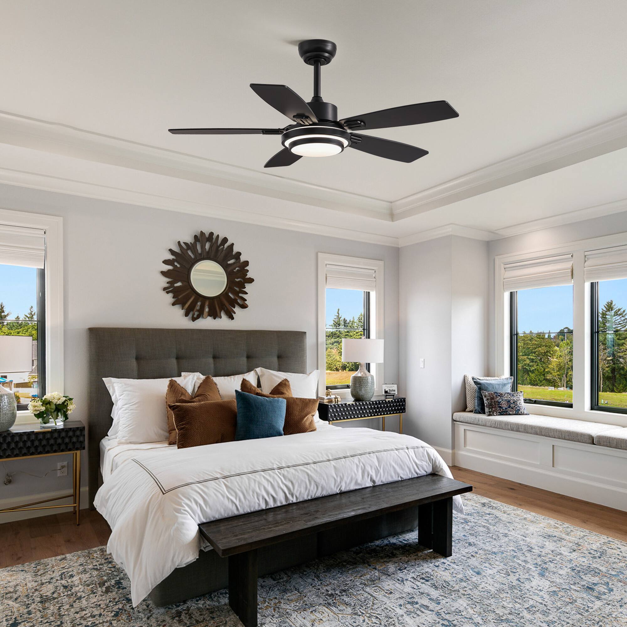 Alt View 1. Siljoy - 42-in Black Ceiling Fan with LED Light, Dual Sided Reversible Blades in Black and Oak, Comes with Remote Control - Black.