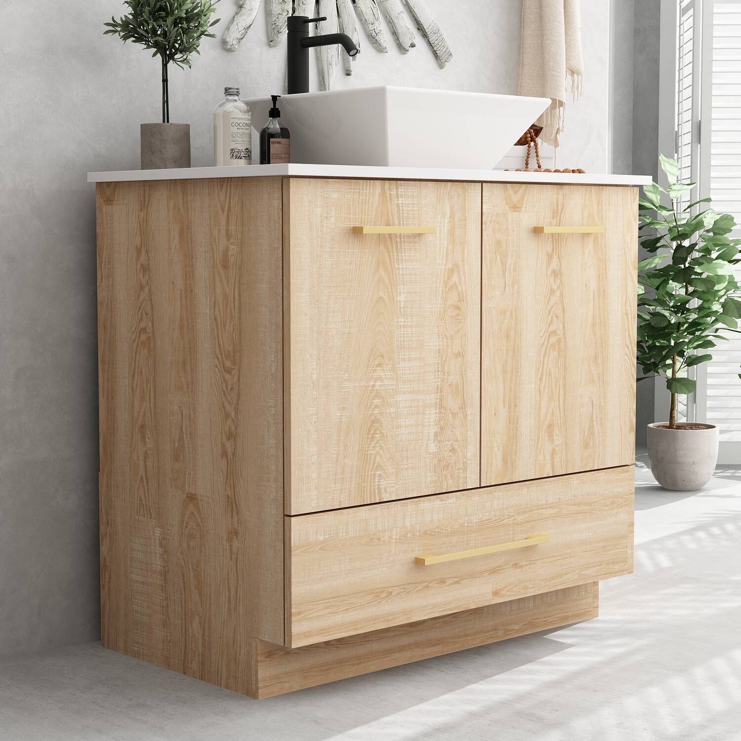 Back. Famapy - Bathroom Vanity with Ceramic Sink – Modern Natural Wood-Style Storage Cabinet with Drawers & Countertop Space - White & Wooden.