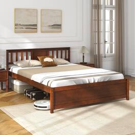 Gymax - Queen Size Bed Frame w/ Headboard Wood Slat Support No Box Spring Needed - Walnut