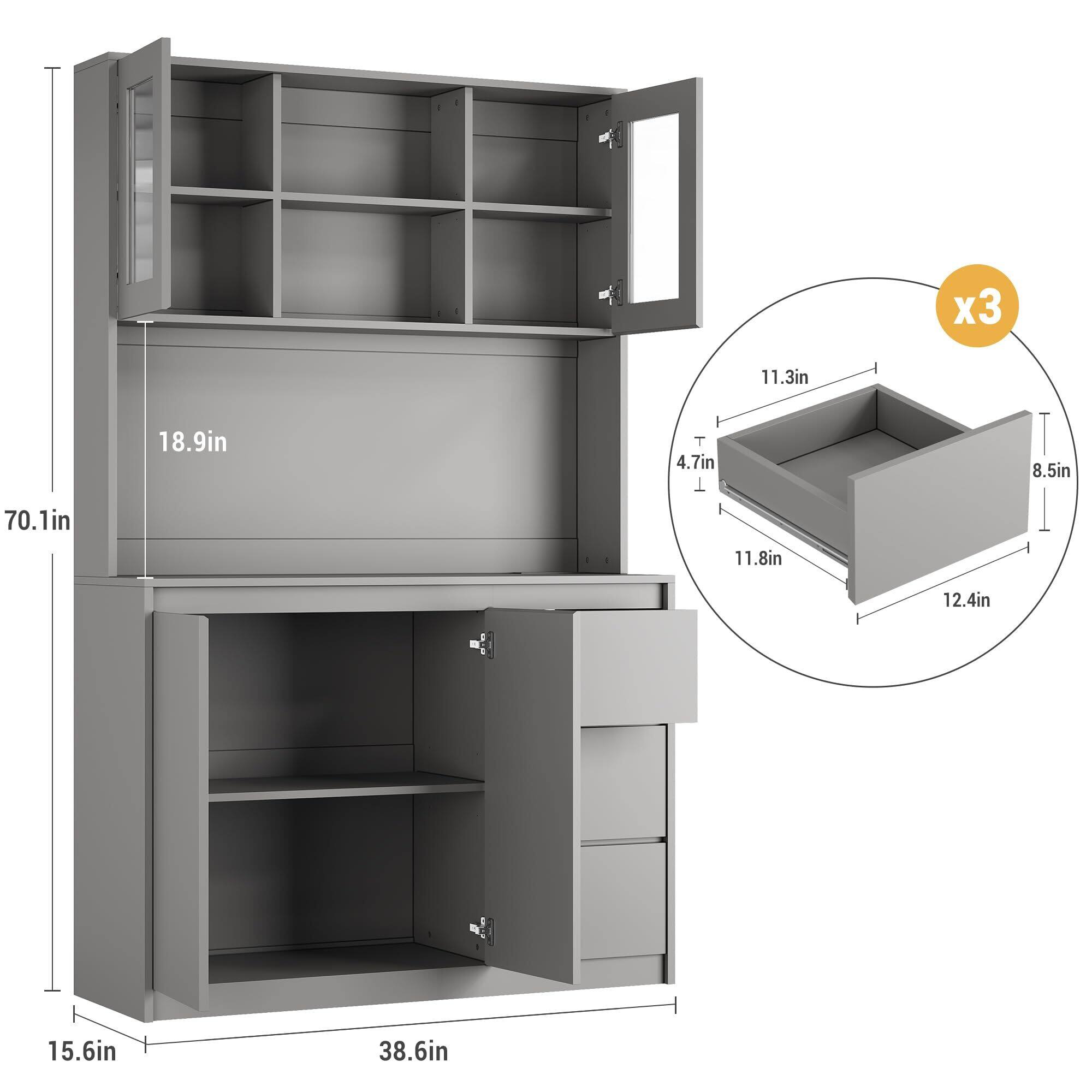 - Height: 70.1in
- Width: 38.6in
- Depth: 15.6in
- Shelf Height: 18.9in
- Drawer Height: 11.8in
- Drawer Width: 12.4in
- Drawer Depth: 11.3in
- Drawer Height (x3): 4.7in
- Drawer Width (x3): 8.5in