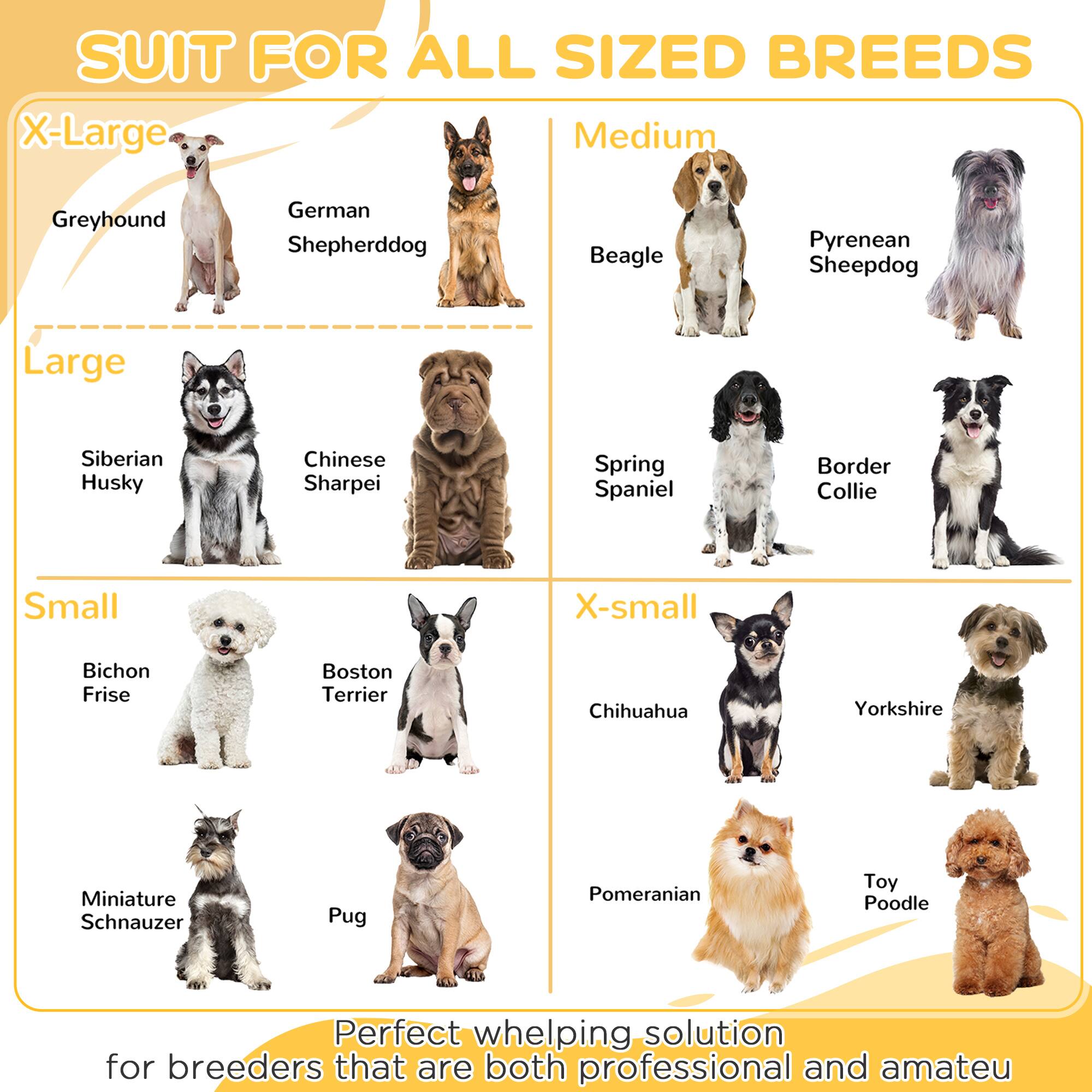 SUIT FOR ALL SIZED BREEDS

X-Large  
- Greyhound  
- German Shepheredog  

Large  
- Siberian Husky  
- Chinese Sharpei  

Small  
- Bichon Frise  
- Boston Terrier  
- Miniature Schnauzer  
- Pug  

X-small  
- Chihuahua  
- Yorkshire  
- Pomeranian  
- Toy Poodle  

Medium  
- Beagle  
- Pyrenean Sheepdog  
- Spring Spaniel  
- Border Collie  

Perfect whelping solution for breeders that are both professional and amateur