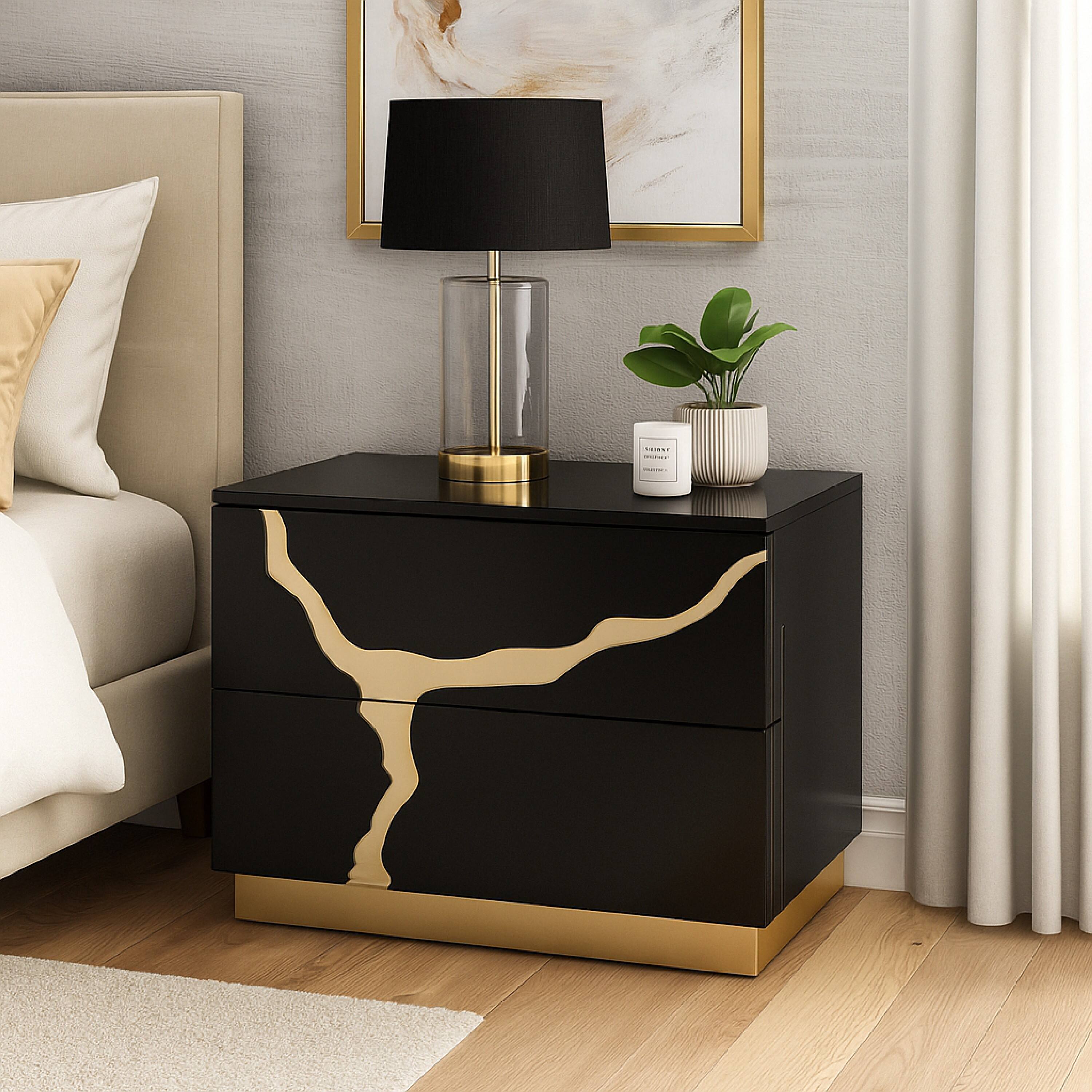 Alt View 5. Manhattan Lane - Goldie Nightstand, 2 Drawers, 28 Inch - Black, Gold.