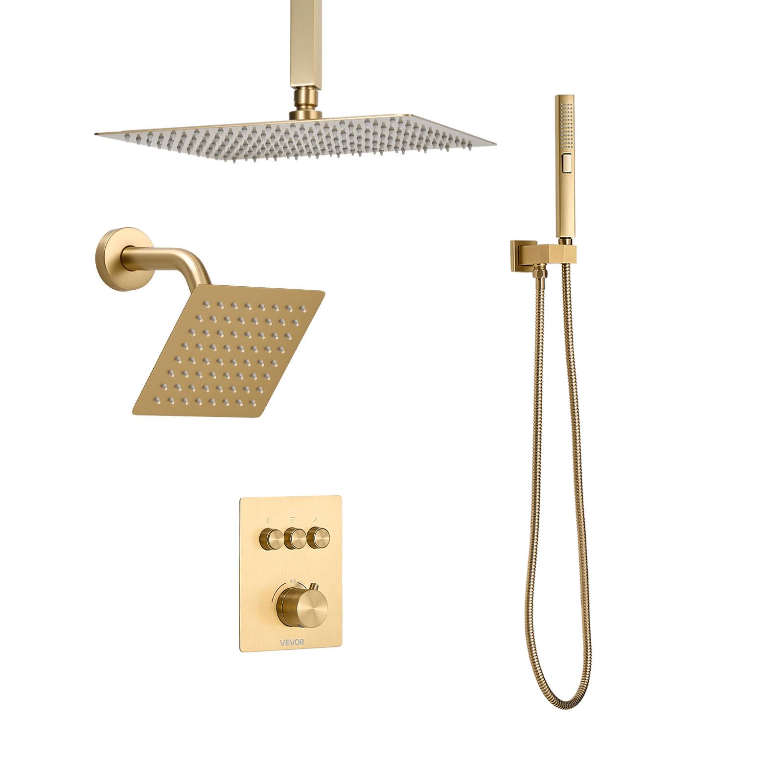 Alt View 5. VEVOR - Shower Faucet Set, 12 In Thermostatic Ceiling Mount Rainfall Shower System with 6 Inch Wall Mount Head and 2 in 1 Spray - Brushed Gold.