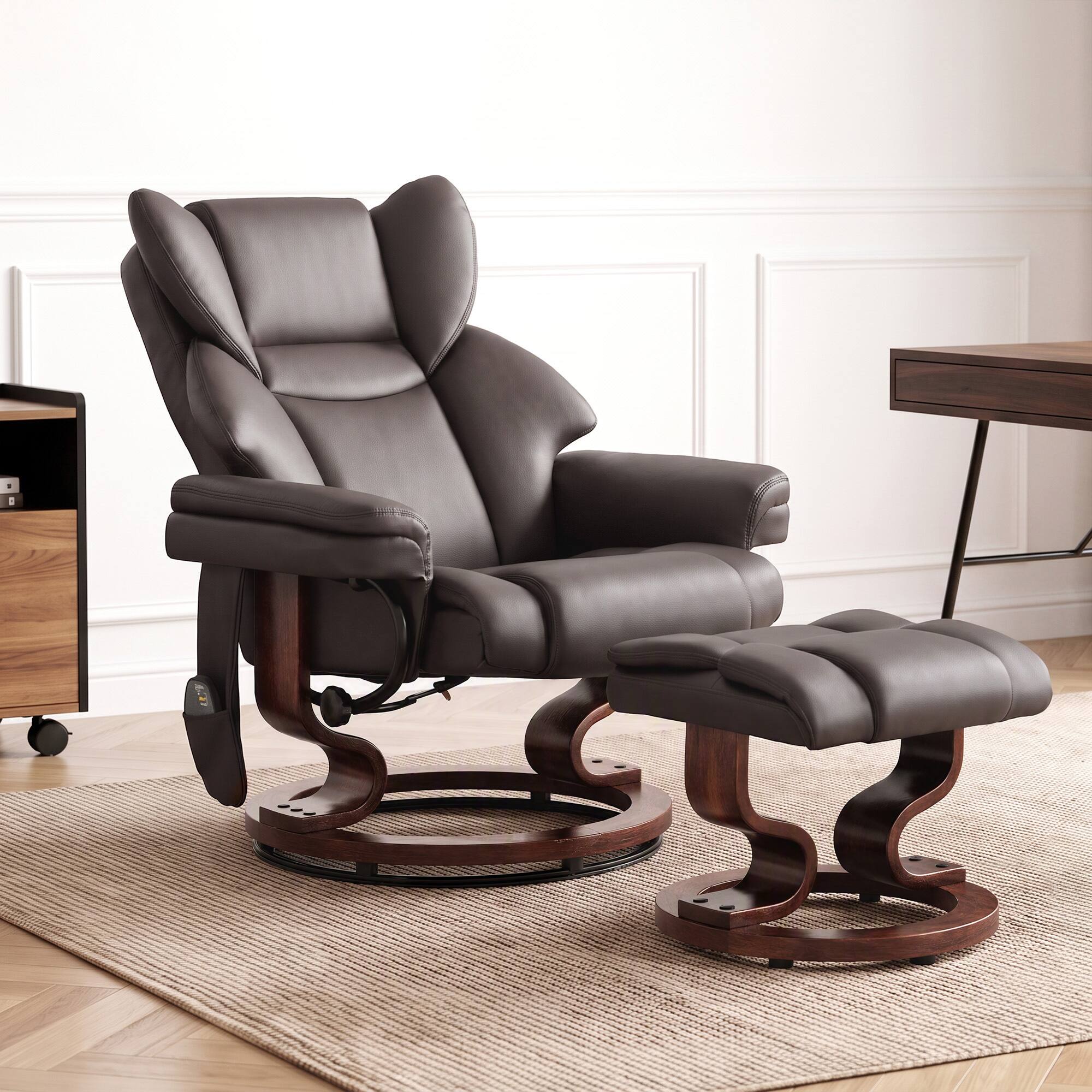 Alt View 1. Homcom - Recliner Chair with Footrest, Swivel Armchair, Wrapped Wood Base, 10 Massage Points - Brown.