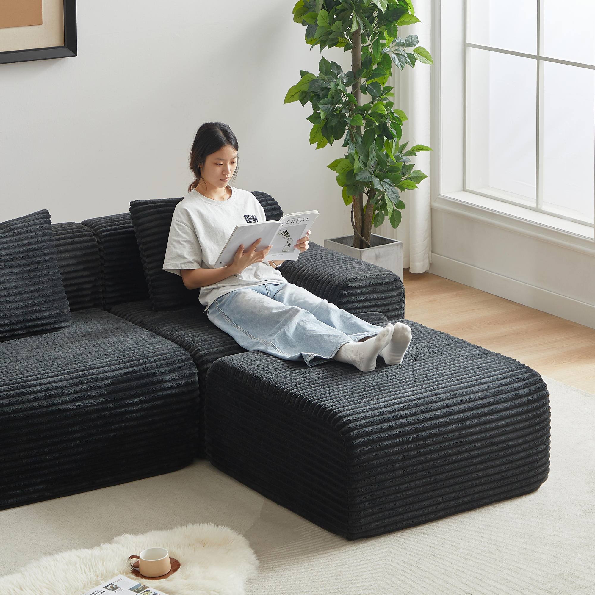 Alt View 3. Meqiodas - Corduroy Modular Sofa Boneless Couch, Featuring an Inlaid Structural Design, Three Throw Pillows, Wider Backrest Design - Black.