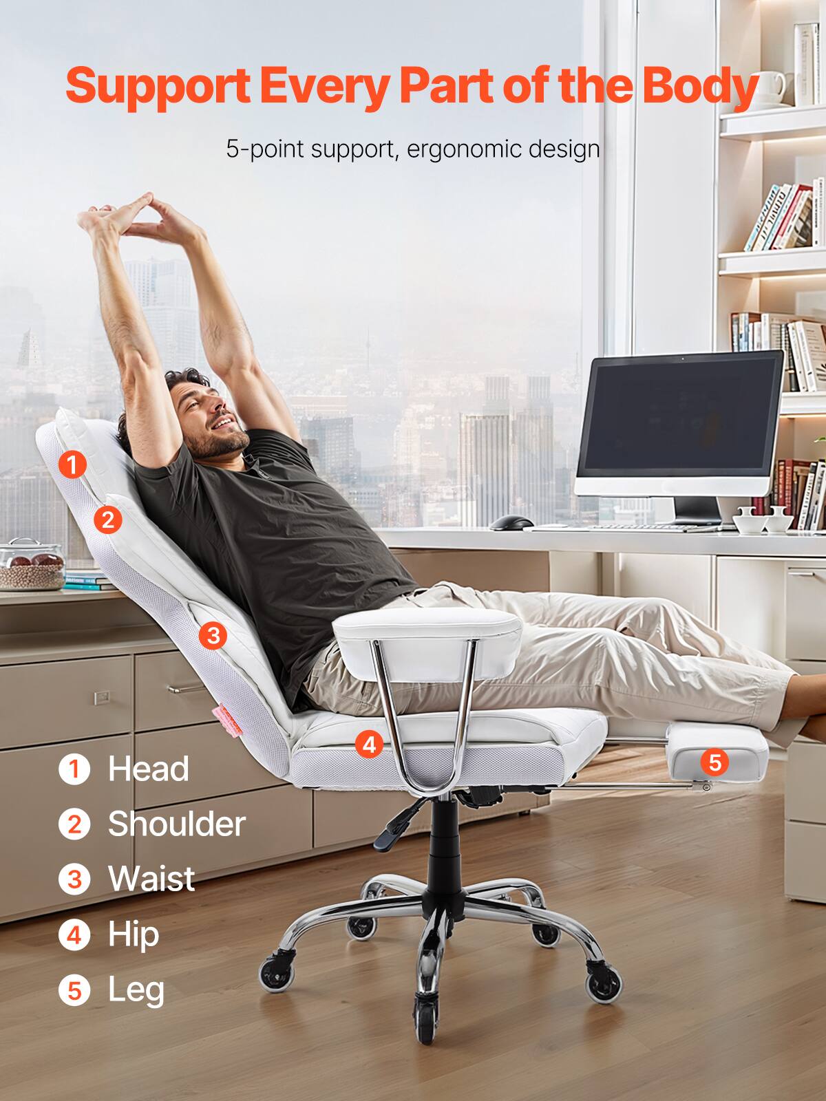Support Every Part of the Body

5-point support, ergonomic design

1. Head
2. Shoulder
3. Waist
4. Hip
5. Leg