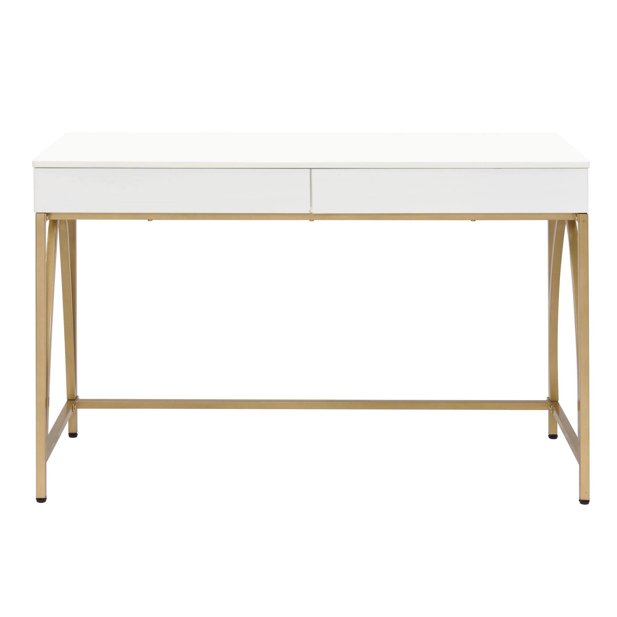 Left. GOODSILO - Contemporary Writing Desk with Metal Legs and Dual Storage Drawers for Home Office - Gloss White+Gold.