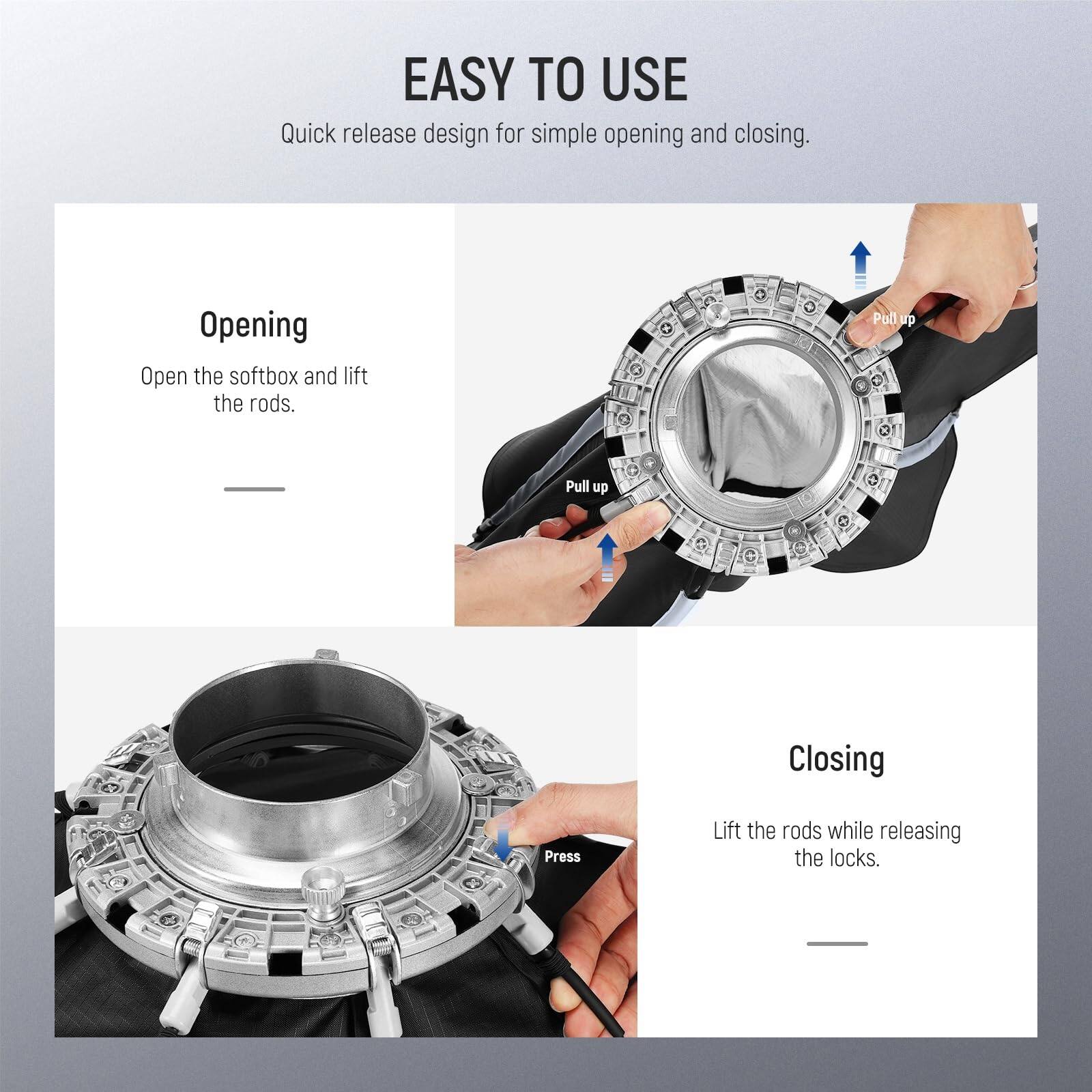 EASY TO USE  
Quick release design for simple opening and closing.

**Opening**  
Open the softbox and lift the rods.

**Closing**  
Lift the rods while releasing the locks.