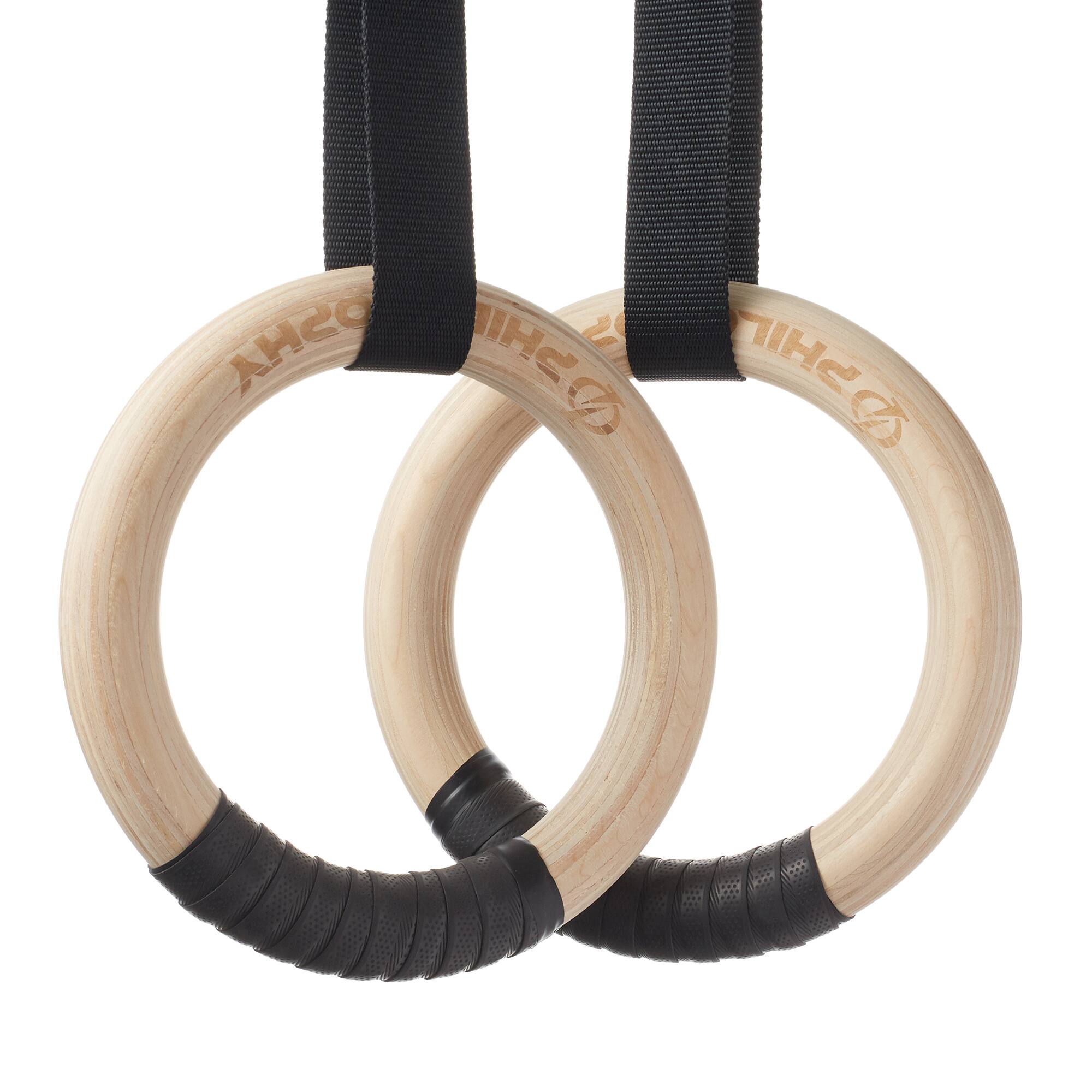 Alt View 1. Philosophy Gym - Wood Gymnastic Rings 1-in/1.25-in Exercise Ring Set Adjustable Straps - Wood.